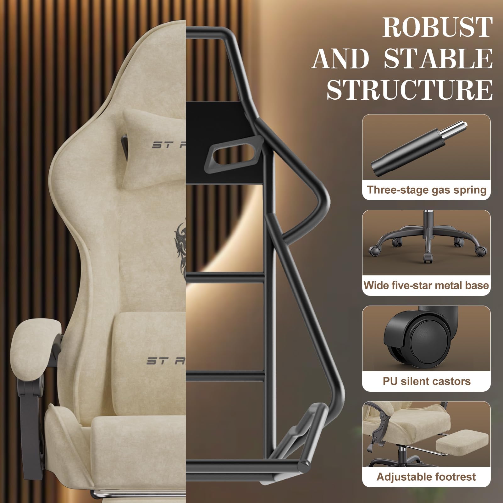 Verdego Silla Gaming con Masaje Lumbar y Reposapiés, Silla Gamer Ergonómica, Tela de Terciopelo, Reclinable 90-125°, Altura Ajustable 10cm, Giratoria 360°, Cadeira Gaming Oficina y Juegos (Beige)