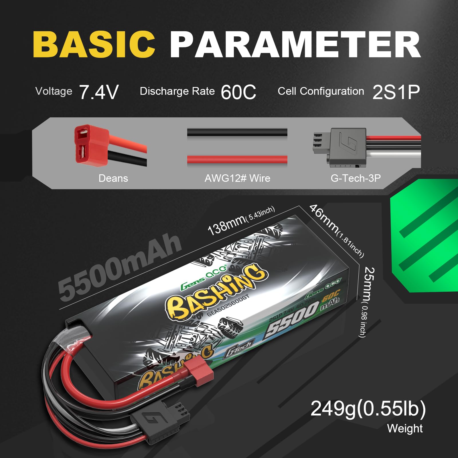 Gens ace 2S bateria Lipo 5000mAh 7.4V 60C bateria z wtyczką T Deans Connection Dla większości samochodów RC w skali 1/7 1/8 1/10