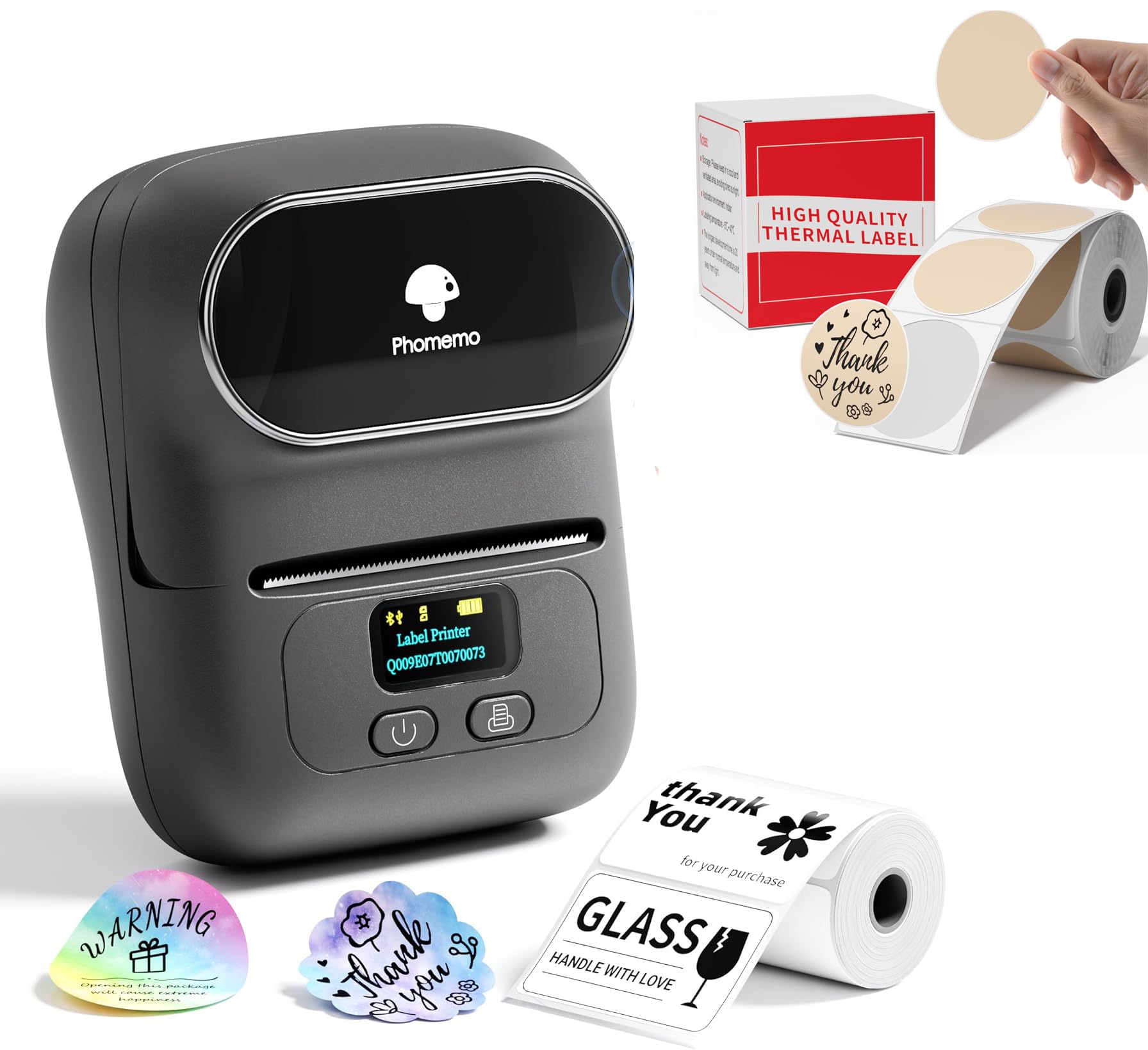 Phomemo M110 Etiquetadora con 2 Rollos de Etiquetas, Impresora de Etiquetas Adhesivas Bluetooth térmica portátil, para Uso en oficinas, códigos de Barras, pequeñas Empresas, Tiendas
