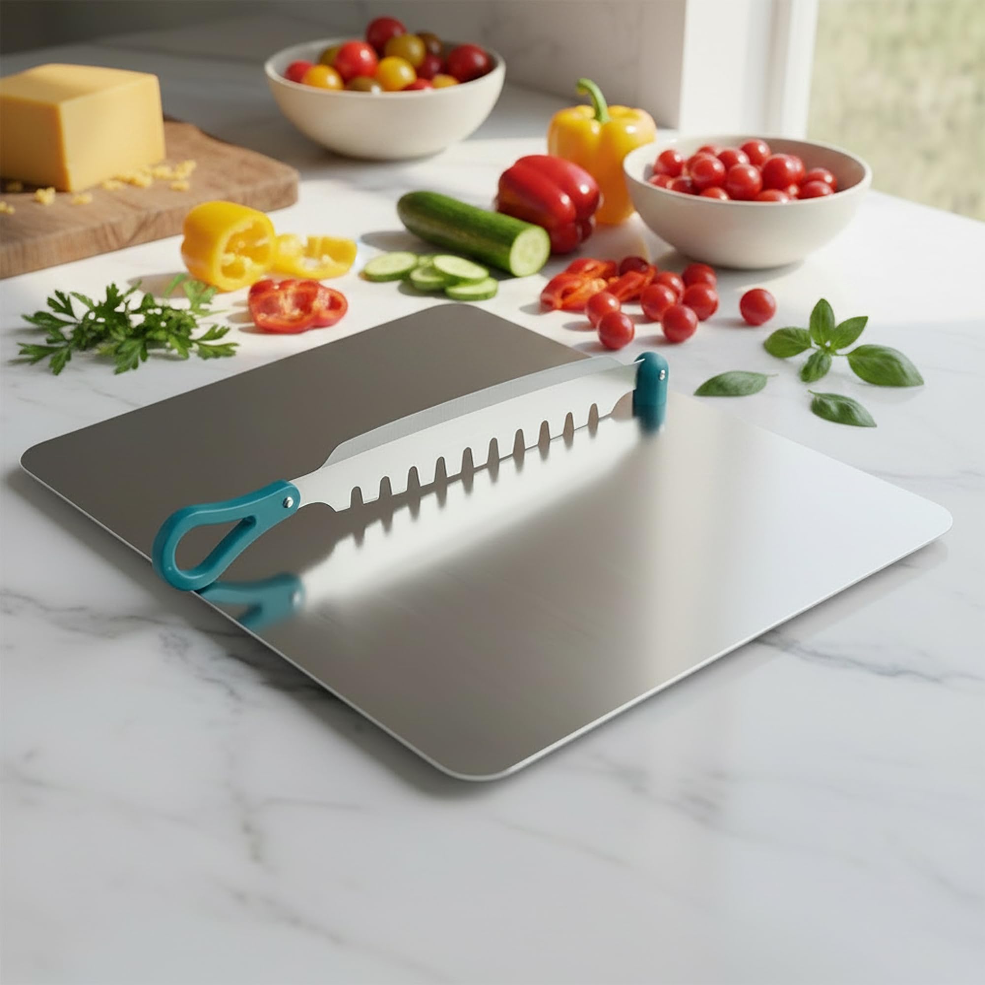 SUPERMOM Chopping Board – Stainless Steel Multifunctional Cut & Chop Vegetable Slicer Tool – Adjustable Cutting Guide with Non Slip Handle for Uniform Slicing of Carrots, Cucumbers, Beans & Vegetables-picture-25