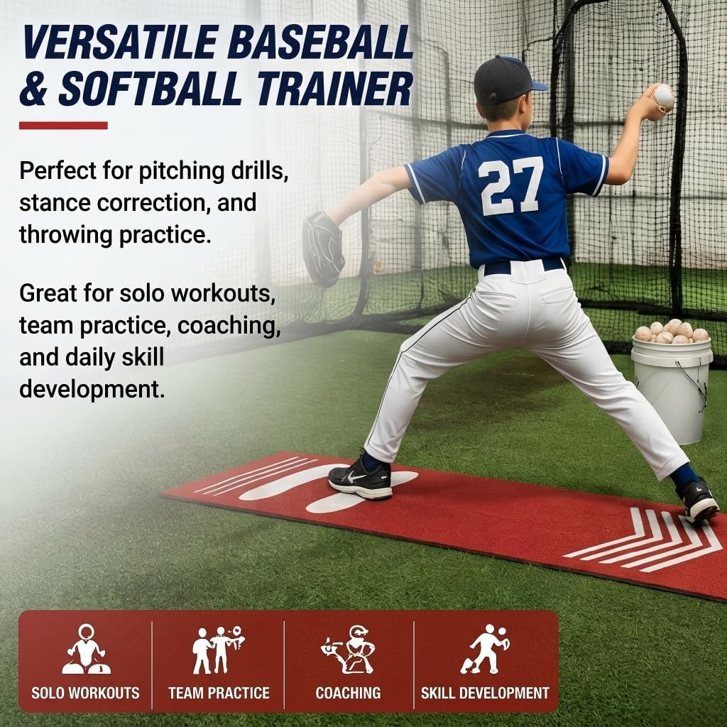 Trainer Mat Baseball Pitching Mat for Softball & Baseball Practice, Non-Slip Throwing Trainer with Foot Placement Guide for Backyard Indoor Outdoor Training