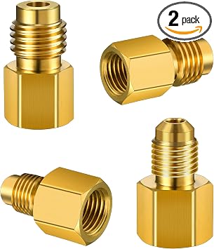 Mudder 4 Pcs 6015 R134A Brass Refrigerant Tank Adapter to R12 Fitting 1/2 Female to 1/4 Male Flare Valve Core and 6014 Vacuum Pump Adapter 1/4 Inch Flare Female to 1/2 Inch Male