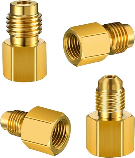 Mudder 4 Pcs 6015 R134A Brass Refrigerant Tank Adapter to R12 Fitting 1/2 Female to 1/4 Male Flare Valve Core and 6014 Vacuum Pump Adapter 1/4 Inch Flare Female to 1/2 Inch Male