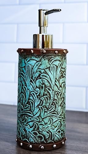 Miniatura 2 de Ebros Gift Arte rústico de pergamino de flores de turquesa esculpido occidental con bordes de cabeza de clavo de cuero sintético, accesorio de baño