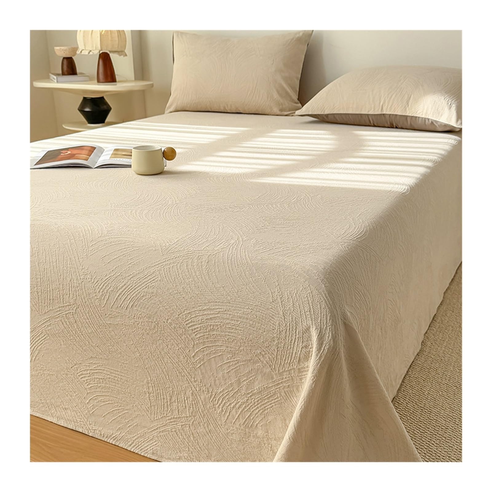 GBHMJU 100% Cotton Thick Flat Sheet Twin Full Queen Jacquard Machine Washable Breathable Top Sheet(Khaki D,230x250cm)