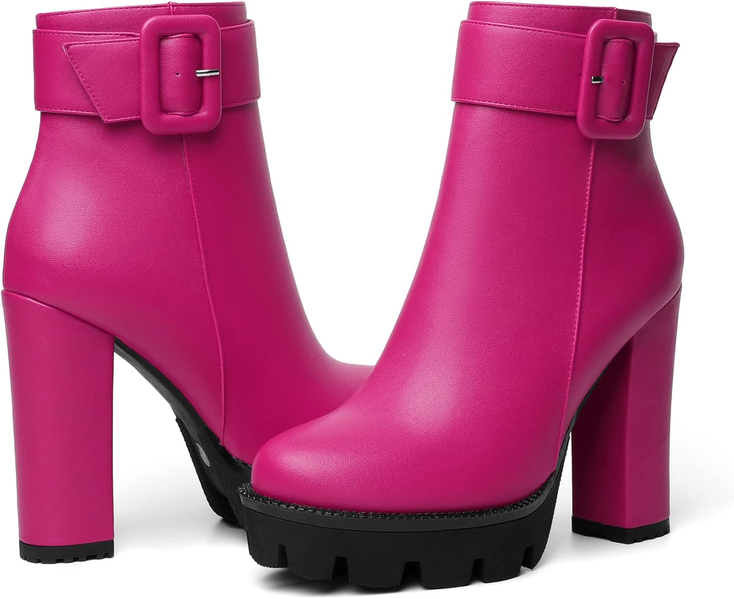 Mettesally Womens Platform Buckle Ankle Boots Round Toe Chunky Block High Heels Side Zipper Short Boots Office Winter Shoes