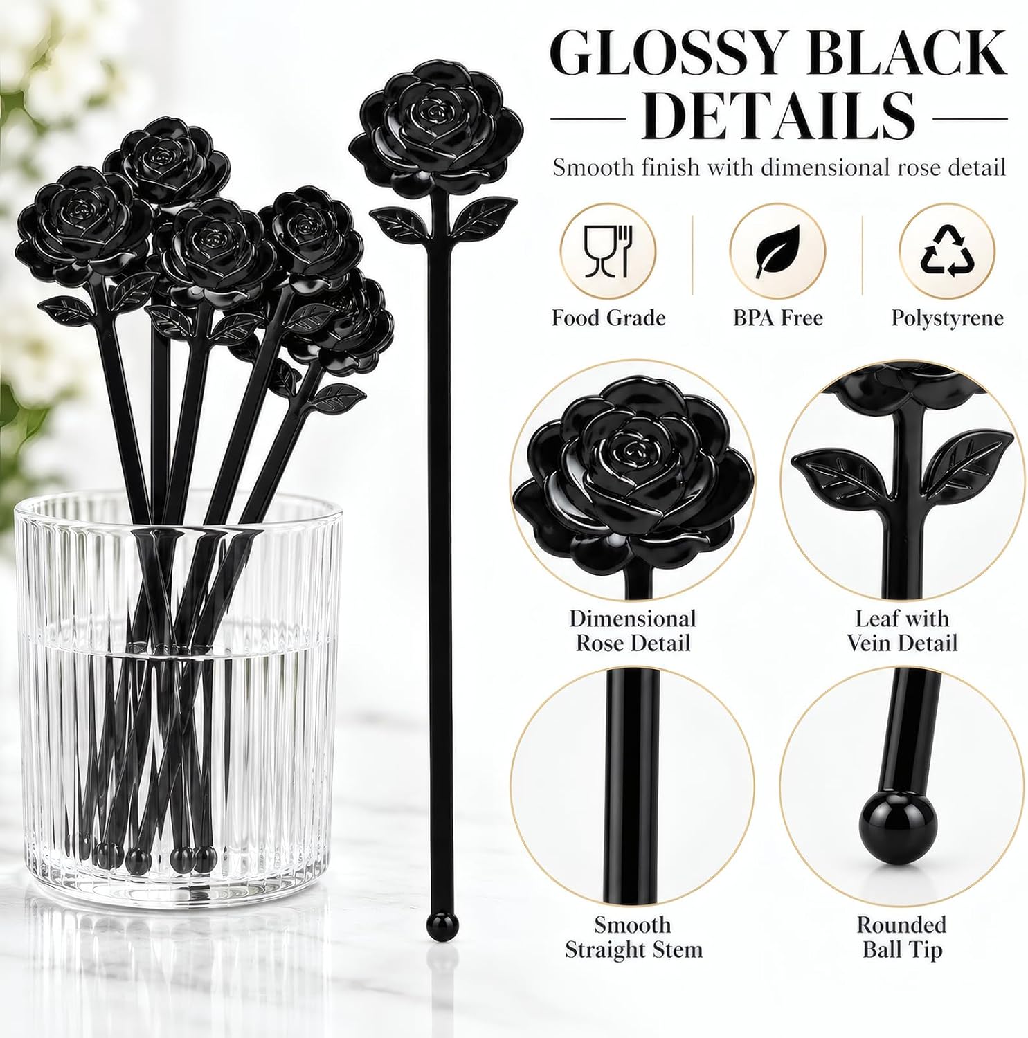 ALINK 36 Pack Black Rose Drink Stirrers, 7-Inch Halloween Cocktail Sticks