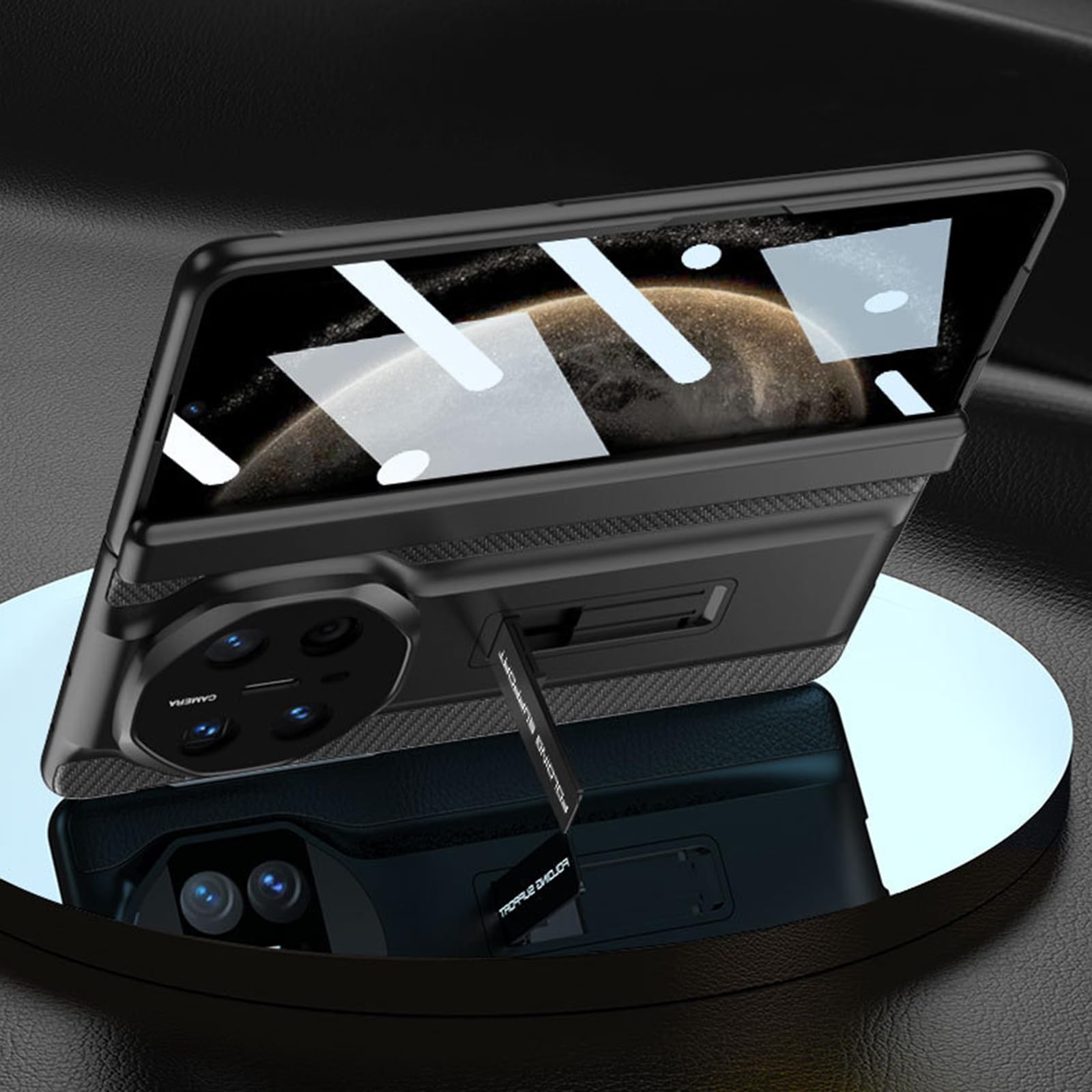 Ultra cienkie etui do HUAWEI Mate X6, odporne na wstrząsy etui ochronne z ukrytą podpórką, tekstura włókna węglowego, czarne, Mate X6