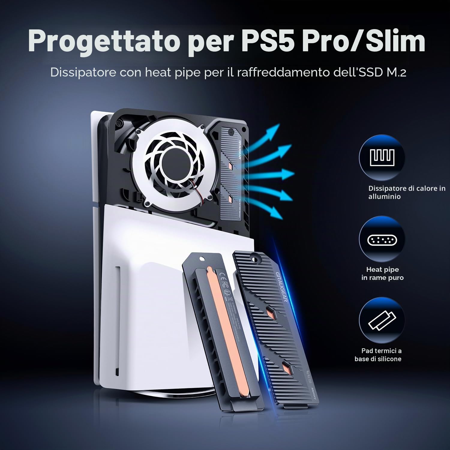 GRAUGEAR Dissipatore di calore SSD M.2 sottile PS5 Pro/PS5 con Heatpipe, Heatpipe in rame integrato e alette in alluminio per raffreddamento ad alta efficienza, compatibile con NVMe SSD Upgrade per