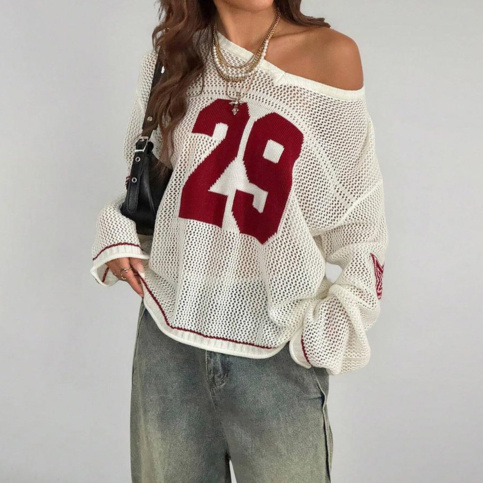Generisch T-shirt d'été surdimensionné pour femme - En jersey - Épaules dénudées - Pour femme - Numéro graphique - Y2k - E-Girl - Sortir en jersey
