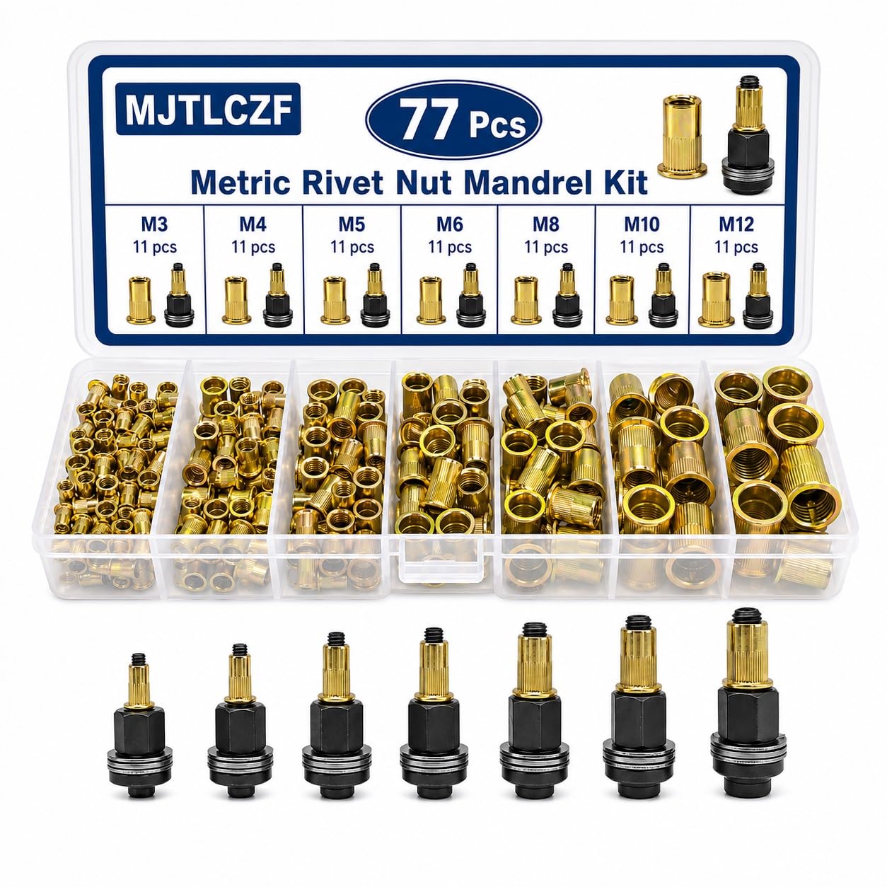 77PCS Carbon Steel Rivet Nut Tool Set, M3-M12 Mandrels with 70 Rivet Nuts