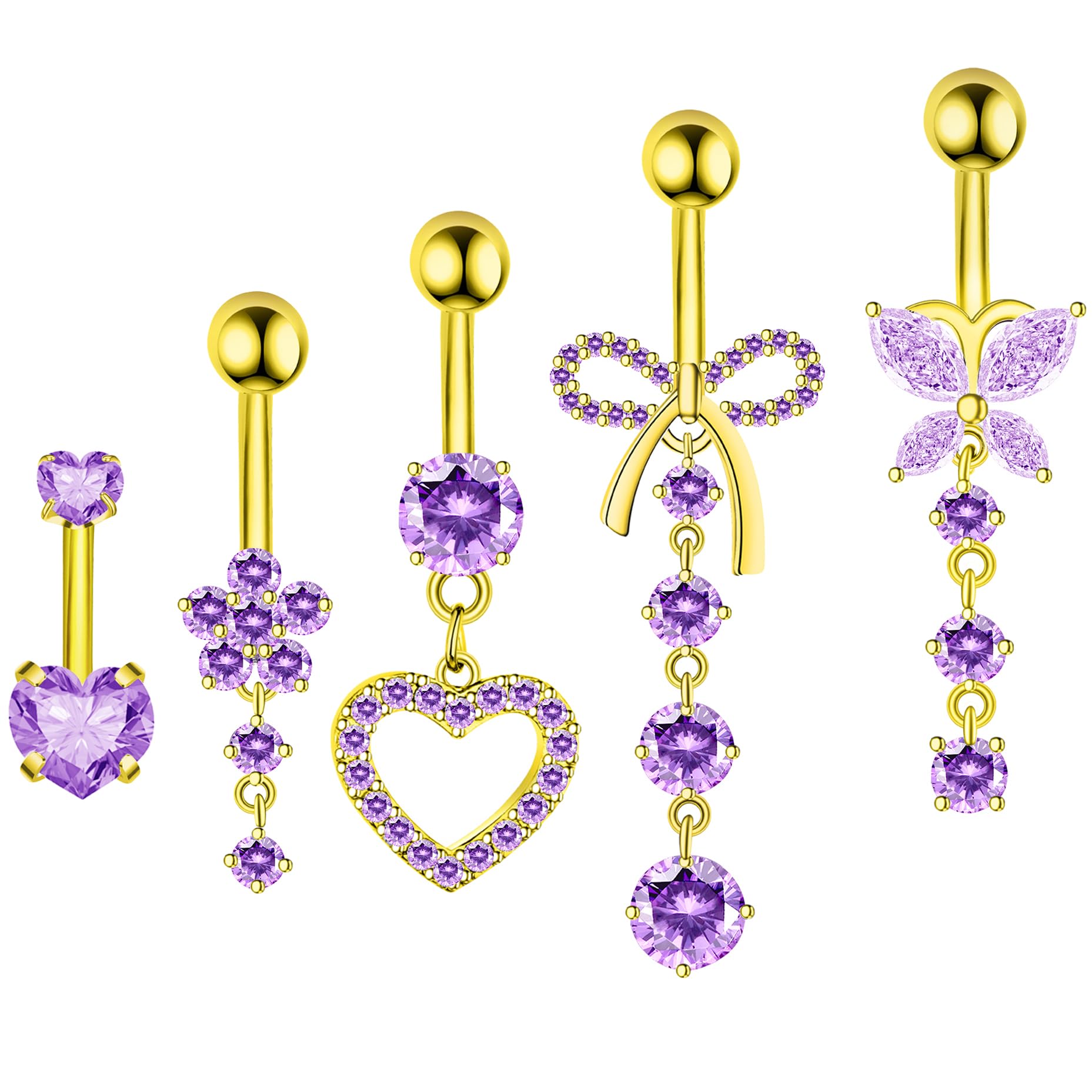 BSJ4UBelly Button Ring Dangle Navel Belly Piercing Jewelry Cute Pink CZ Heart Butterfly Bow Flower Navel Belly Rings for Women 14G Silver Stainless Steel Dainty Dangly Dangling Belly Button Piercing