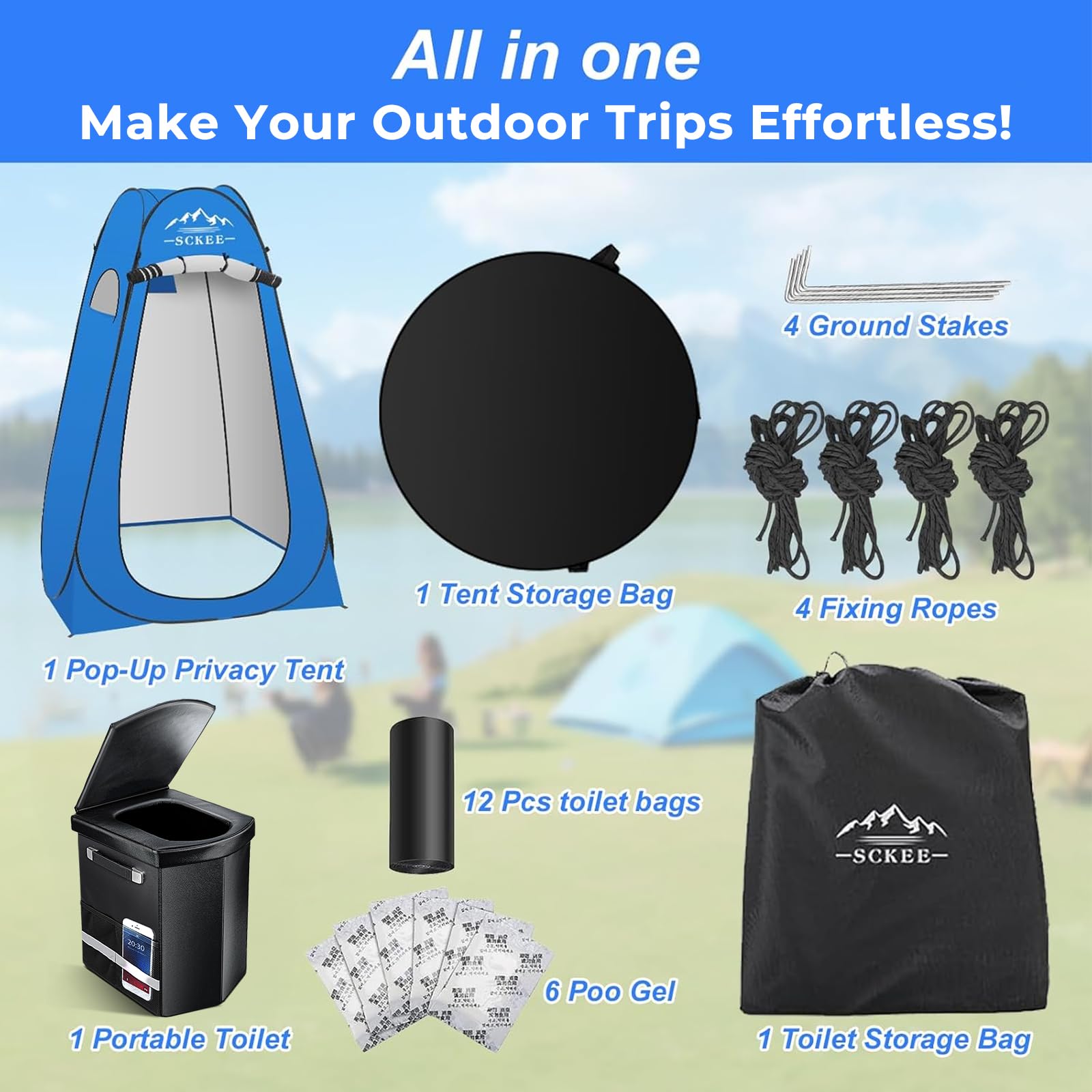 Juego de inodoro portátil para adultos, inodoro portátil XL para camping, inodoro de camping con tienda de campaña emergente, duchas al aire libre, vestuarios, orinal de viaje para camping,