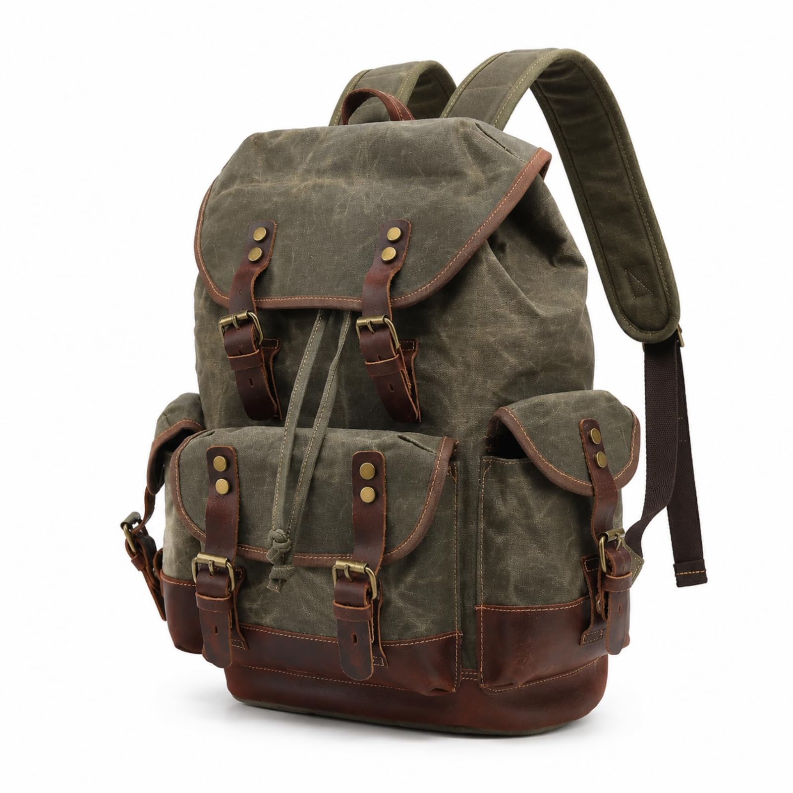 Zaino in Tela Cerata Robusto Zaino con Finiture in Pelle Durevole Borsa per Viaggiatori, Pendolari, color to 1, Verde Militare Cerato Con Pelle Marrone Scuro
