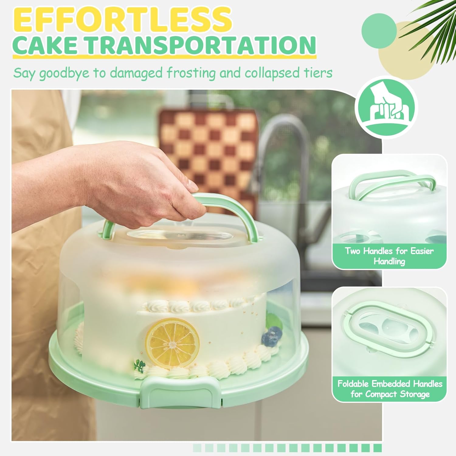 Ohuhu Cake Carrier with Lid and Handle, BPA-Free Cake Containers Cake Holder for 10 inch Cake with 2 Handles Cupcake Carrier - Plastic Cover Two Sided Base for Transport Pie Nuts Fruit Perfect Gifts - Image 2
