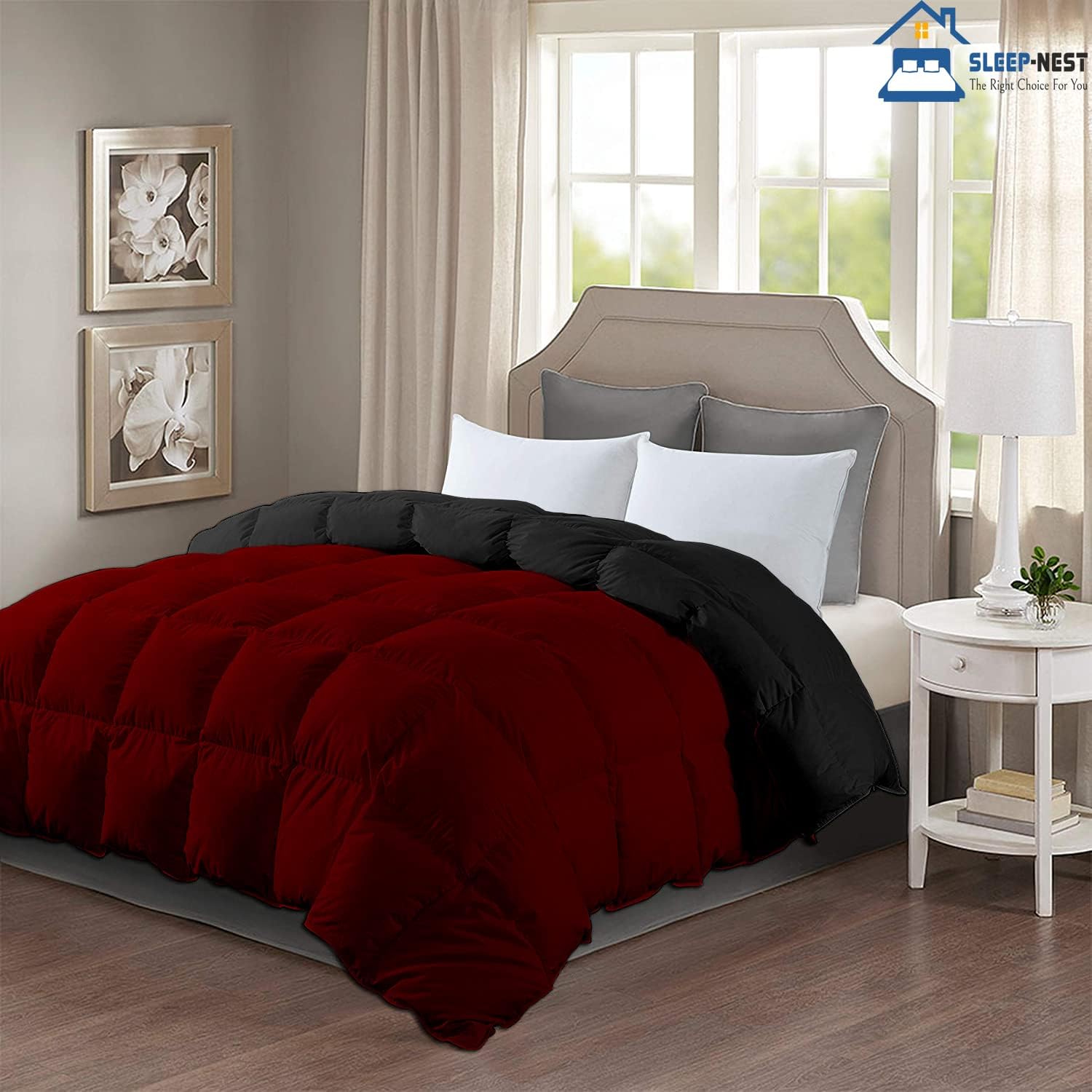 All Season Down Alternative Reversible Comforter (Black / Burgundy) California King 102 x 96 Size 1Piece Comforter-Corner Duvet Tabs- Double Sided & Lightweight-Easy Wash-350 GSM-Boxing Stitching