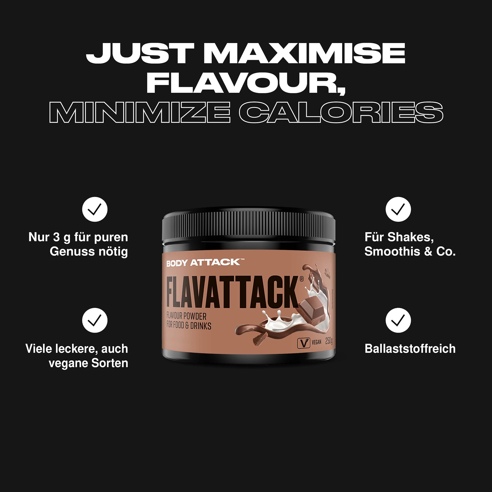 Body Attack FlavTASTIC® Vanilla Dream 250g / 83 raciones - sabor intensivo en polvo para caliente y frío y para hornear, vegano, sin aceite de palma ni aspartamo, Made in Germany
