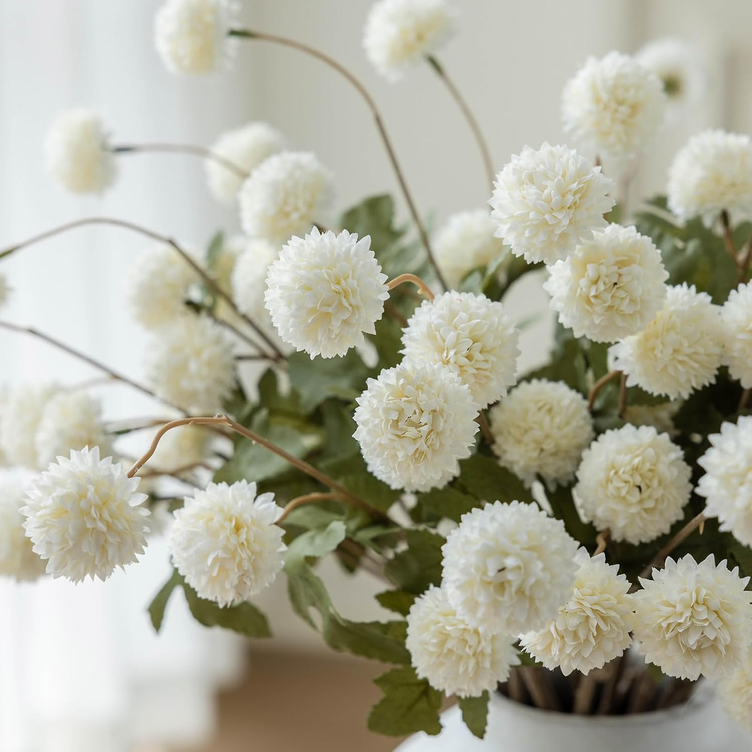 mizii 6Pcs White Fake Silk Pompon Mum Artificial Flowers Bulk Small Faux Chrysanthemums with Stems Realistic Floral Decorations for Wedding DIY Bouquet Centerpieces Shower Vase Home Decor (White) - Image 5