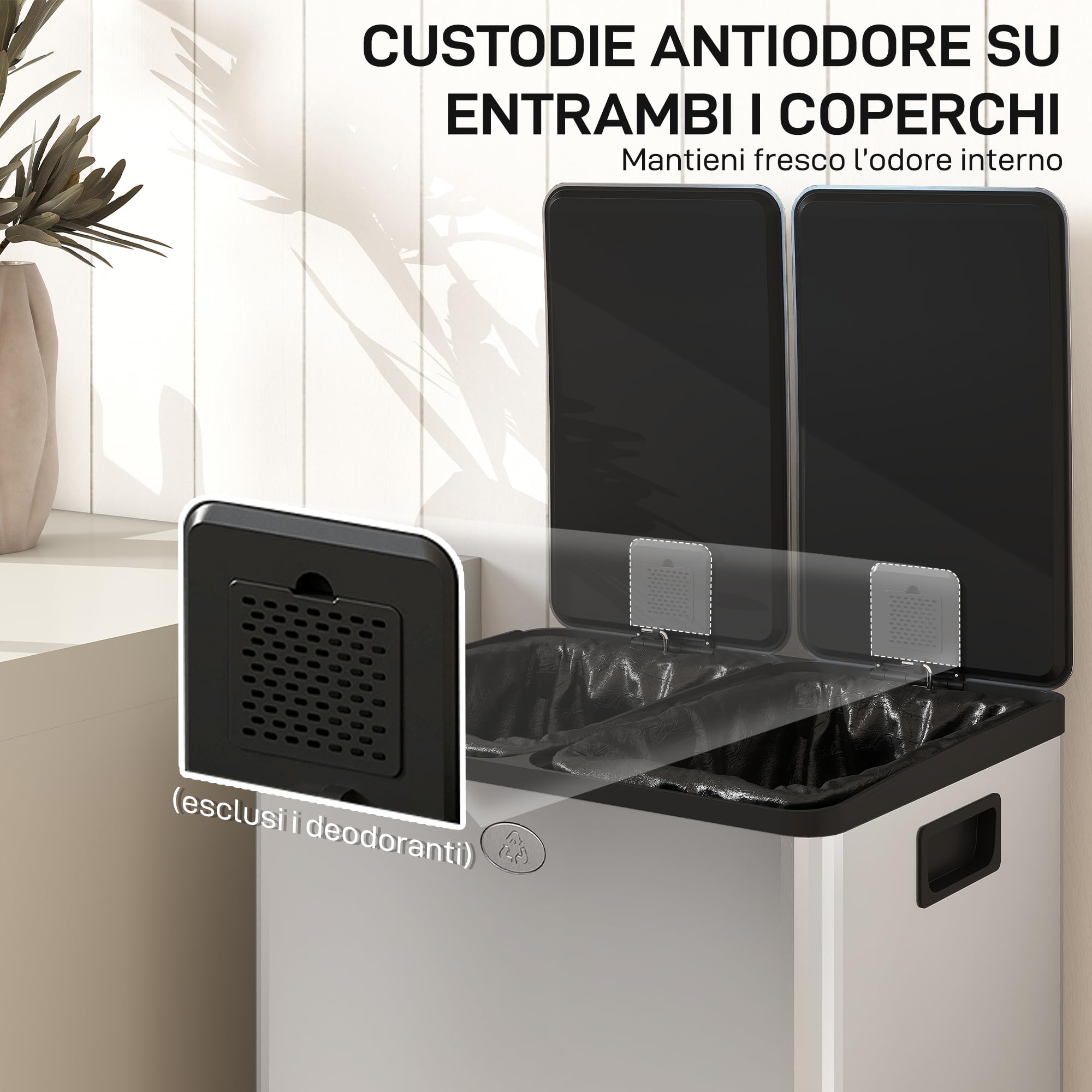 HOMCOM Pattumiera Differenziata 2 Scomparti 28L da Cucina a Pedale, Cestino Spazzatura con 2 Coperchi a Chiusura Silenziosa in Acciaio Inox e PP, 45.8x36x67.6 cm, Argento - 4