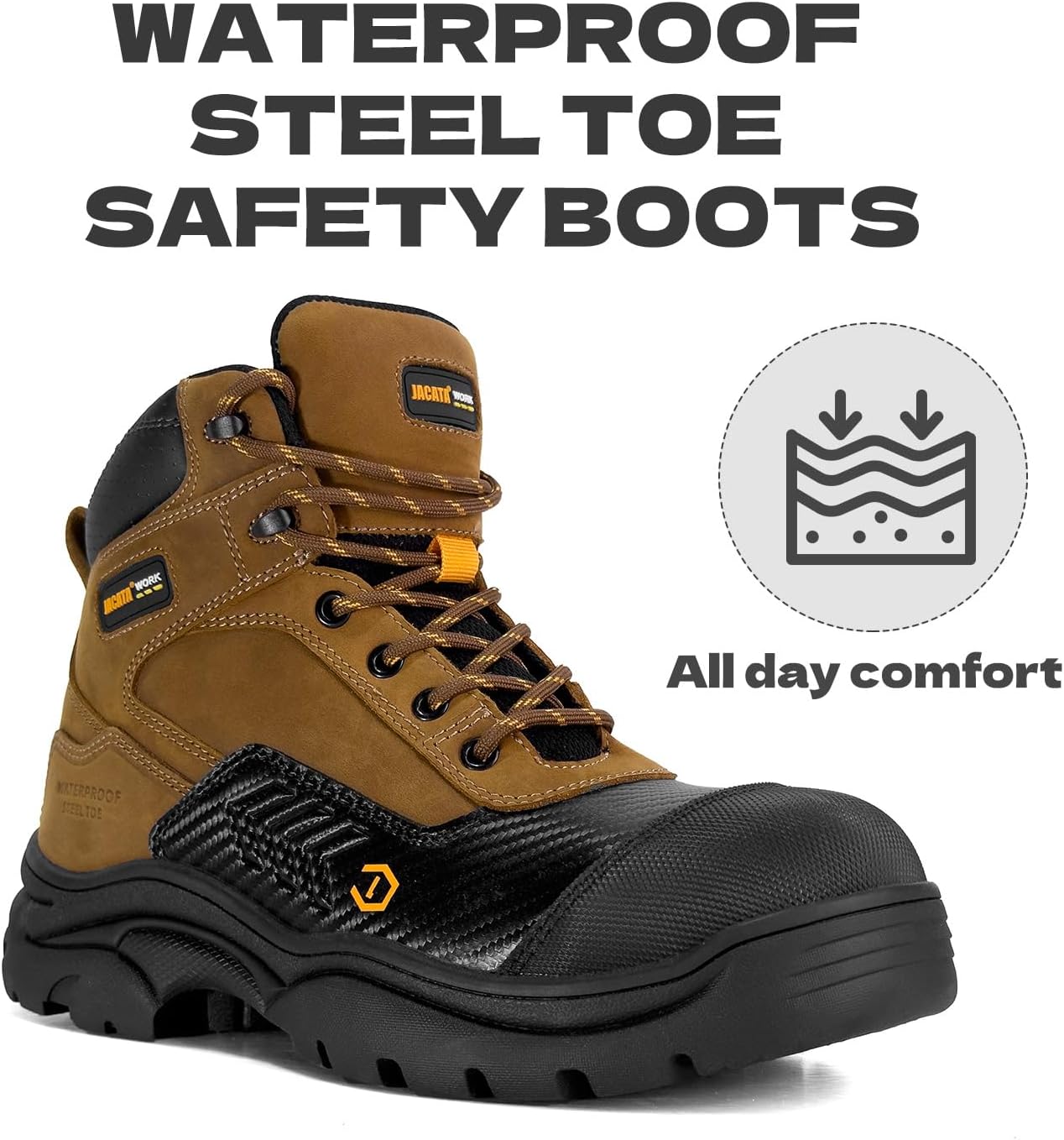 Jacata Waterproof Leather Soft/Steel Toe Work Boots For Men,Heavy Duty 6Inch Oil/Slip Resistant Rubber Outsole Comfortable Construction Industrial Safety Men’s Work Boots - Image 3