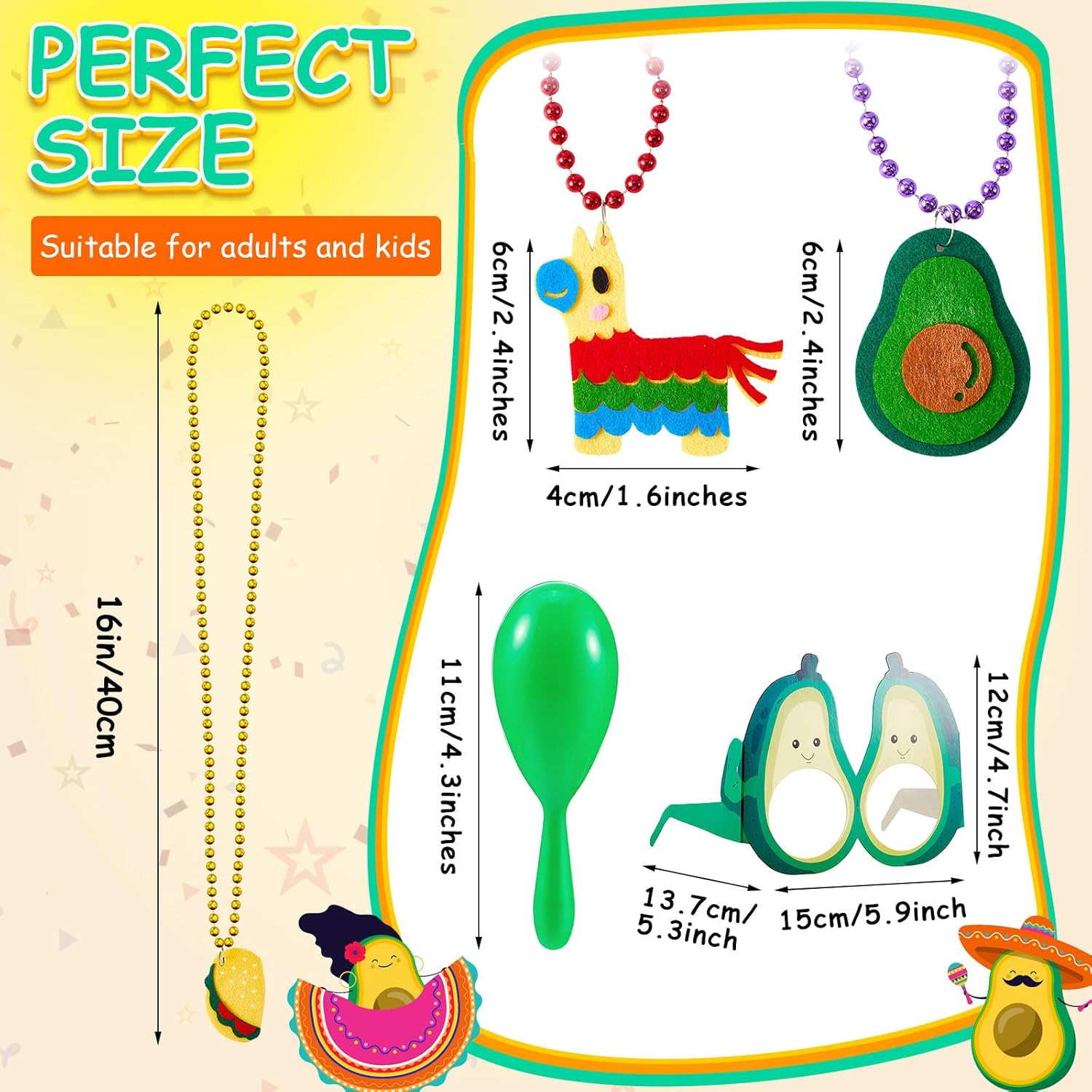 Jexine 48 Pcs Cinco De Mayo Fiesta Party Favor Supplies, Sombrero Hats, Necklaces, Fiesta Eyeglasses for Mexican Party Decor