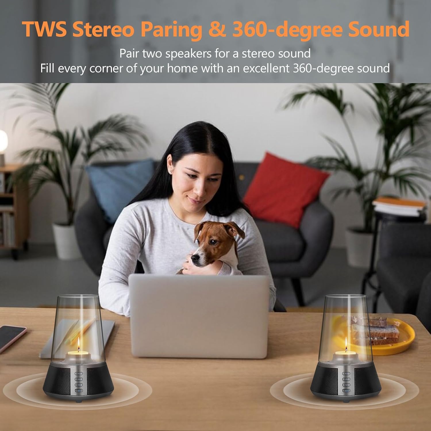 Mufoli Portable Bluetooth Speaker, Wireless Speaker with Candle Holders,10W Powerful 360° Sound Speaker, TWS Pairing, SD Playback,Real Clear Glass Cover, for Home Decorations