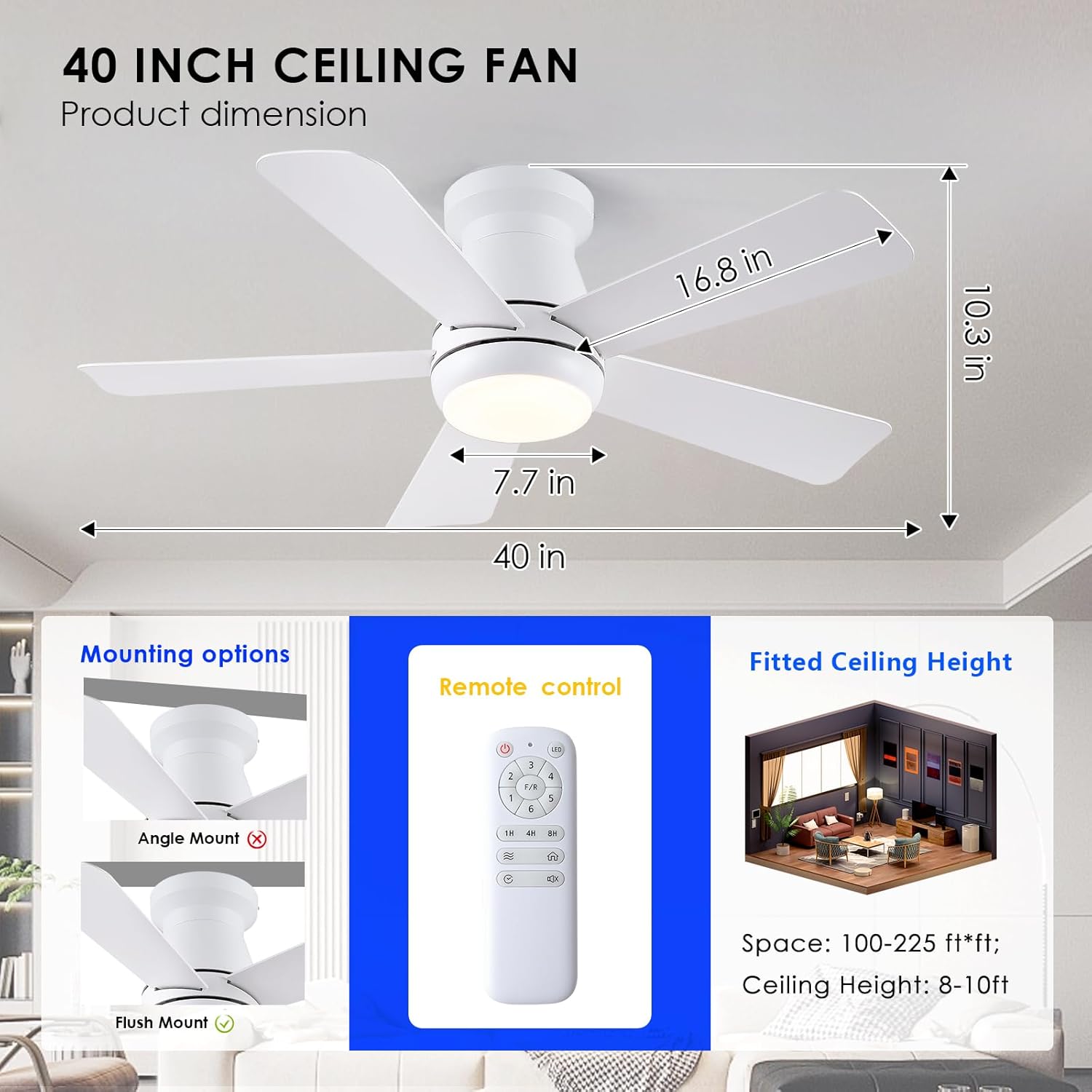 Ceiling Fans with Light and Remote,40" White Flush Mount Ceiling Fan with Dimmable LED,6 Speeds DC Reversible,Timer, Noiseless, Indoor Low Profile Ceiling Fans for Bedroom,Kitchen