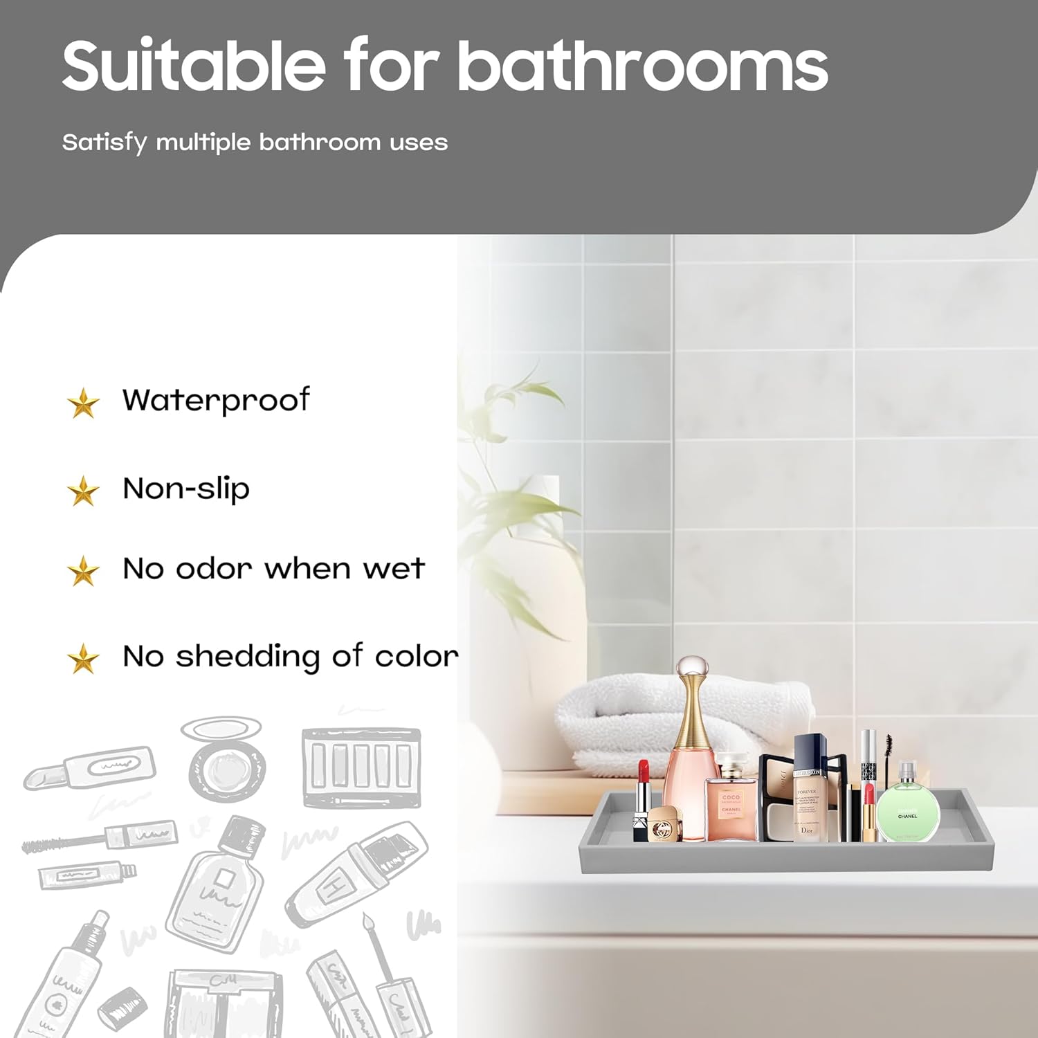 Vanity and Bathroom Tray, 15" ABS Countertop Organizer,Waterproof Vanity Tray for Toilet Tank,Perfume,Soap,Keys,Bathroom Accessories,Kitchen and Bath Trays,Non Slip Small Trays,Gray,2 Pack