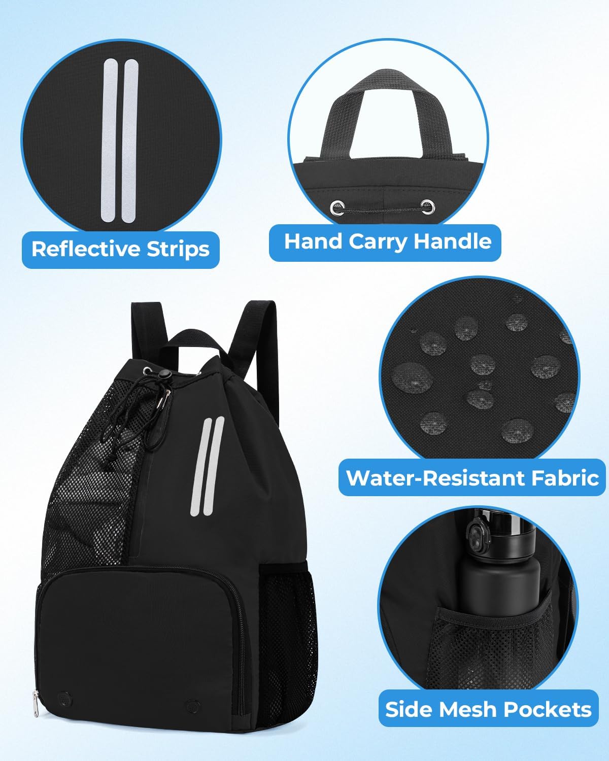 Swim Bag Mesh Drawstring Backpack with Shoe Compartment & Wet Pocket Waterproof Beach Backpack Pool Bag for Swimming, Gym, Travel and Workout Gear (Black)