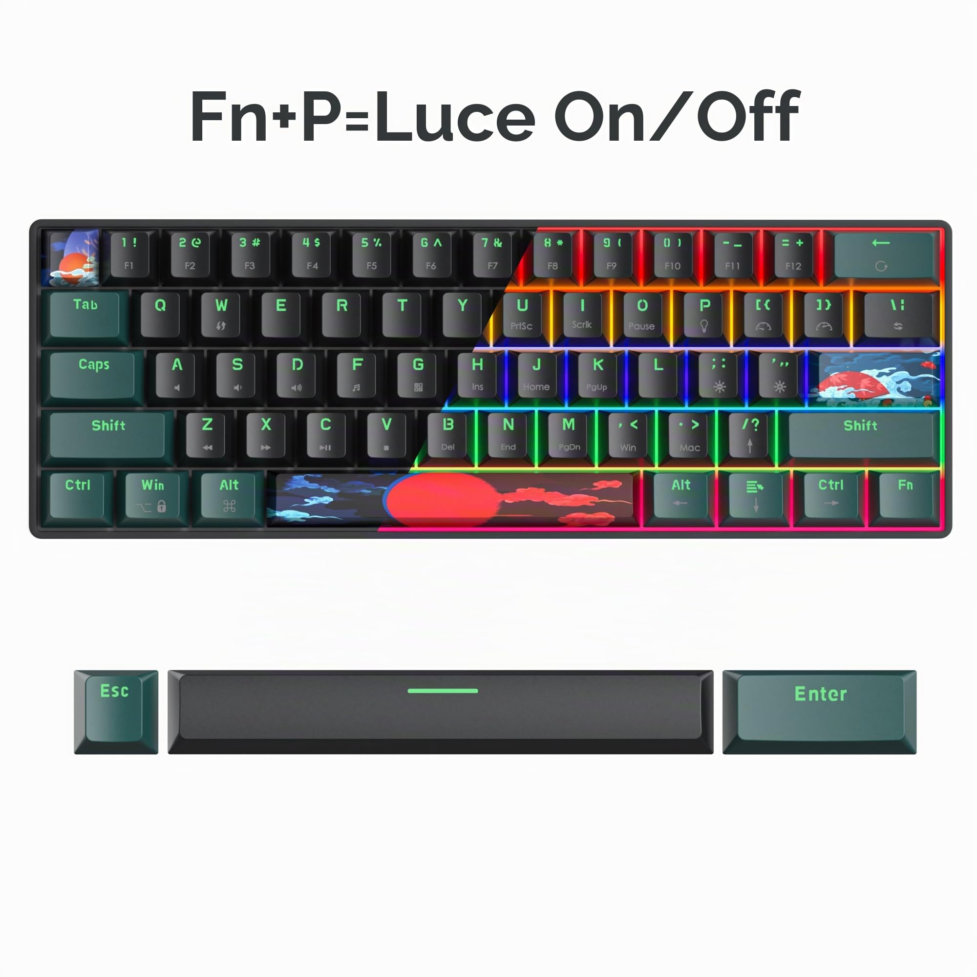 Tastiera Meccanica 60%, 61 Tasti, Mini Tastiera Gaming 60 Percento Retroilluminazione, QWERTY Americana，Switch Lineari Rossi, PBT Keycaps Anti-Ghosting Compatta per PC/Mac