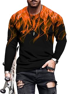 TTAO Mens Casual Long Sleeve T-Shirt Flame Graphic Print Tee Sports Workout Shirt Fashion Streetwear Tops