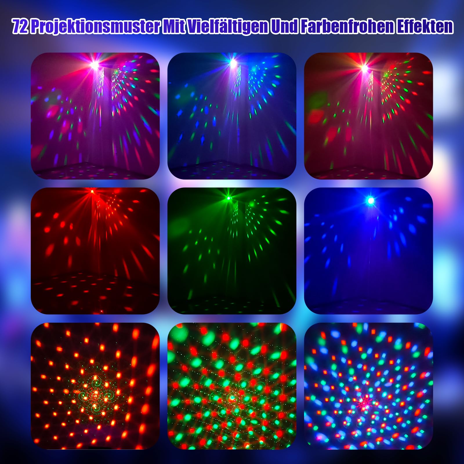 3-in-1 Discolicht Partylicht mit Fernbedienung, Musikgesteuert & Sprachsteuerung – Disco Licht RGB-LED, Discokugel-Effekt & 72 Mustern für Party, Club, Weihnachten, Halloween