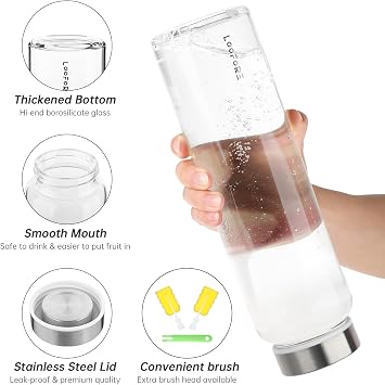 Glass Water Bottle 1000ml 1L with 2 Lids and Straw | Reusable, Bpa Free, Leakproof, Borosilicate Glass Drinking Bottle with Protective Sleeve for Gym, Sports & Workout, 1 Pack