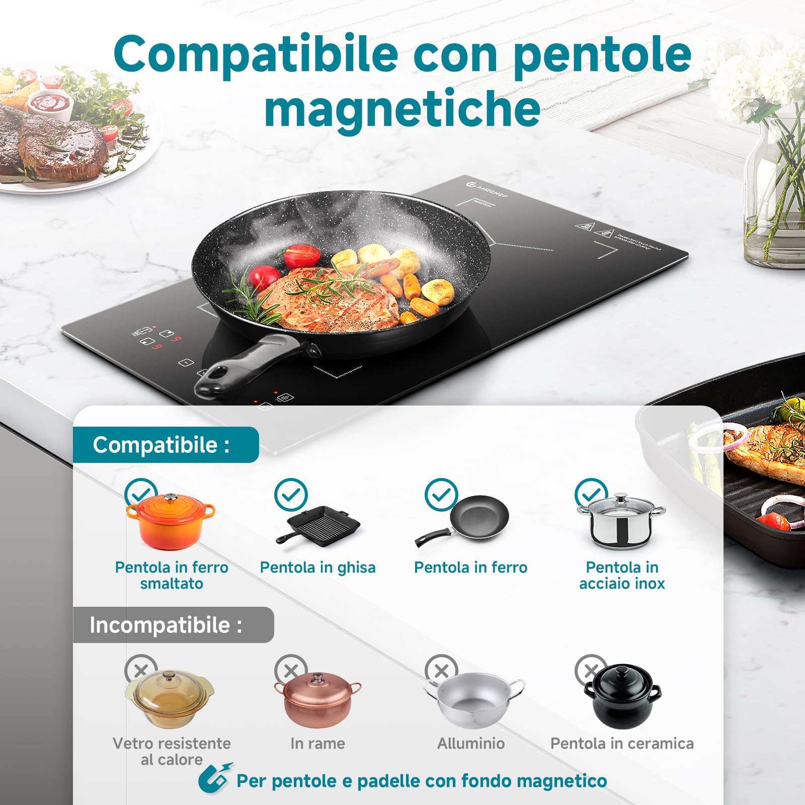 AMZCHEF Piastra Induzione 2 Fuochi, Piano Cottura Induzione con Flex zone con 9 Livelli di Potenza, Riscaldamento Intermittente, Serrature di sicurezza e timer,Controllo Touch Slide,3300W,Nero