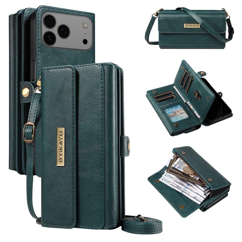 Generic Compatible con iPhone 14 PRO (color verde oscuro) Funda tipo cartera de piel con cremallera magnética con correa para el hombro