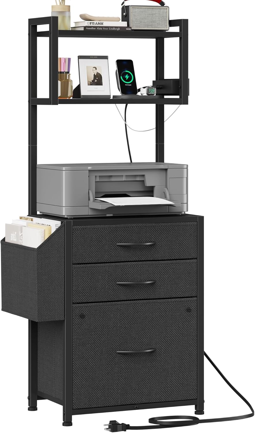 Small 3 Drawer File Cabinet with Charging Station, 45''H, 3-Tier Filing Cabinet for Home Office, 11''*16'' for Small Printer, Fabric Drawer Fits Letter/A4, Tall Printer Stand, Black Black 11''
