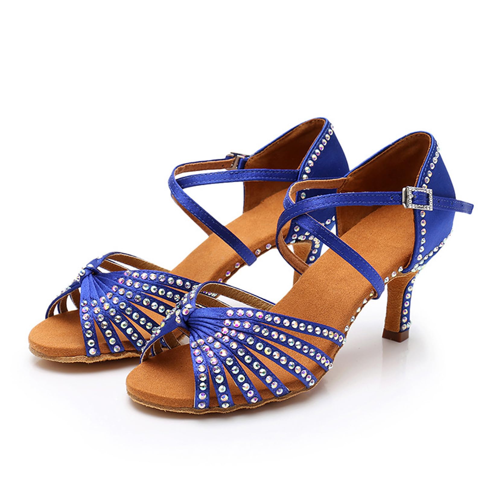 Nowe buty do tańca latynoskiego z diamentową wkładką dla kobiet dorosłych na środkowym obcasie miękka podeszwa buty do tańca wysokie obcasy z diamentowymi butami do tańca Cha-cha, A437 niebieski obcas
