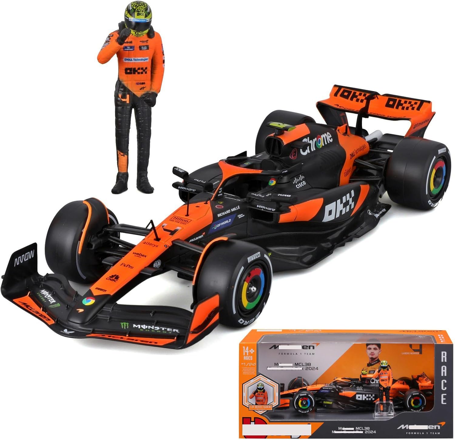 HTLNUZD New 1/24 F1 MCL38#4 Miami GP Lando Norris Pilot Figurine Alloy Adult Diecast Miniature Model Collectible for Motorsport Enthusiasts