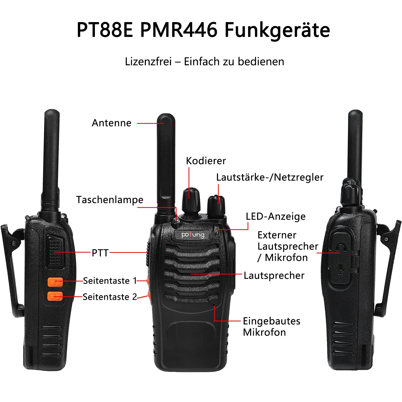 Walkie Talkie PMR446 Lizenzfreies Zwei-Wege-Funkgerät pofung PT88E 10 Stück | 16 Kanäle Professionelle wiederaufladbare Walkie Talkies großer Reichweite USB-Ladestation und Hörmuscheln Baustelle Schwarz