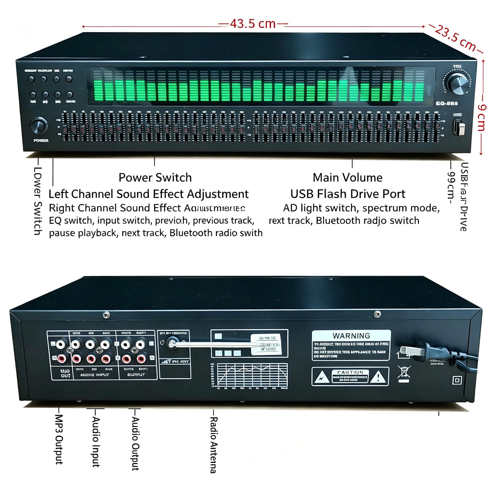 Ecualizador Gráfico Digital Estéreo, Procesador De Ecualización con Visualización De Espectro De Audio, Doble Canal, Bluetooth Integrado, Reproducción USB, Control Remoto, para Audio De Ktv