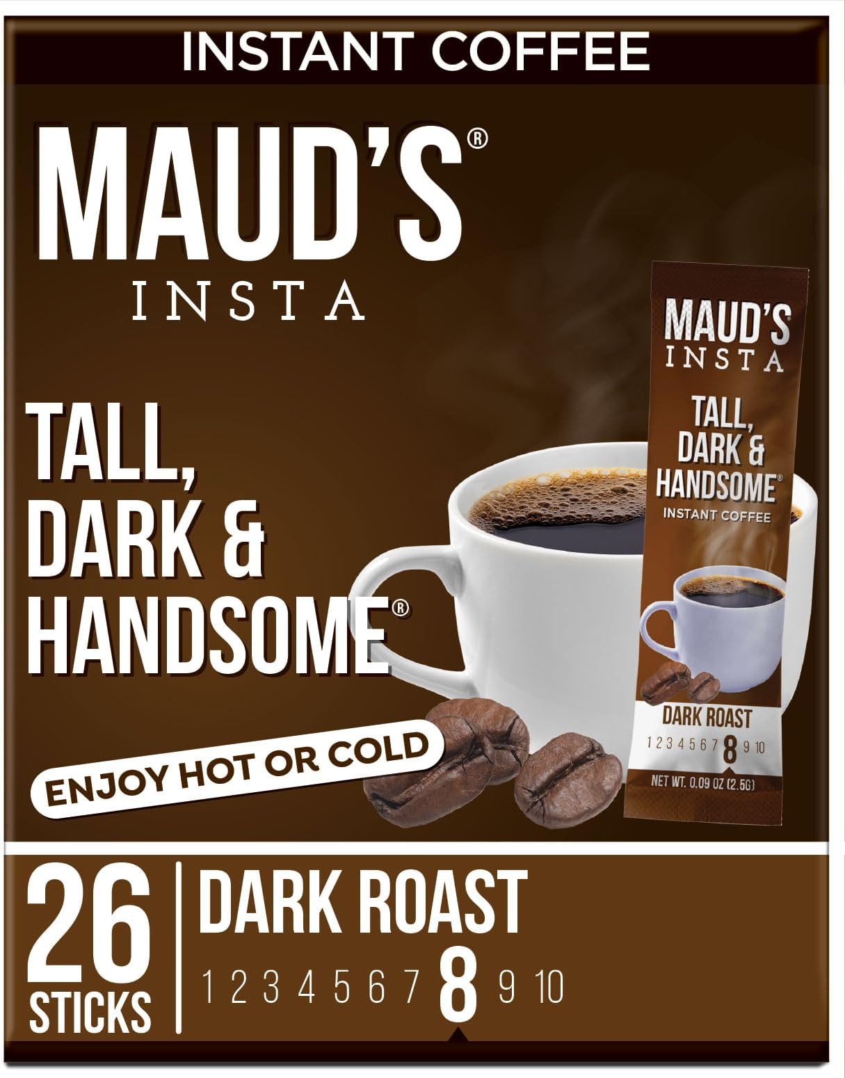 Maud's Dark Roast Instant Coffee Packets Single Serve, 26 ct | Tall Dark & Handsome | 100% Arabica Dark Roast Coffee Solar Energy Produced | Instant Coffee Powder Travel Packs