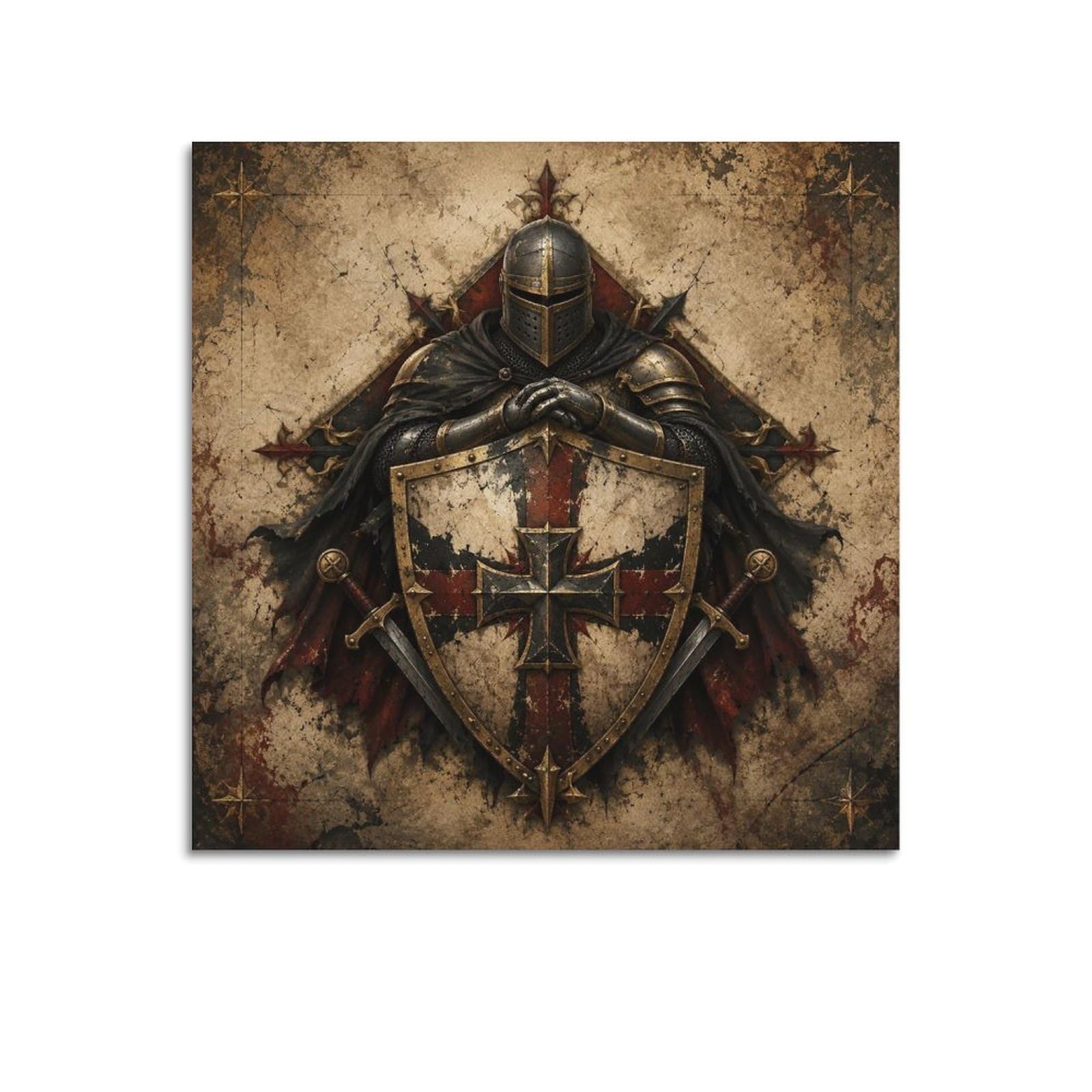 XKUGA Heraldic Red Black Poster Cross Shield Medieval Knight Armor Modern Decorative Canvas Prints - Ideal Wall Art for Family, Man Cave, Game Room, Boys & Girls Bedroom 12x12inch(30x30cm)