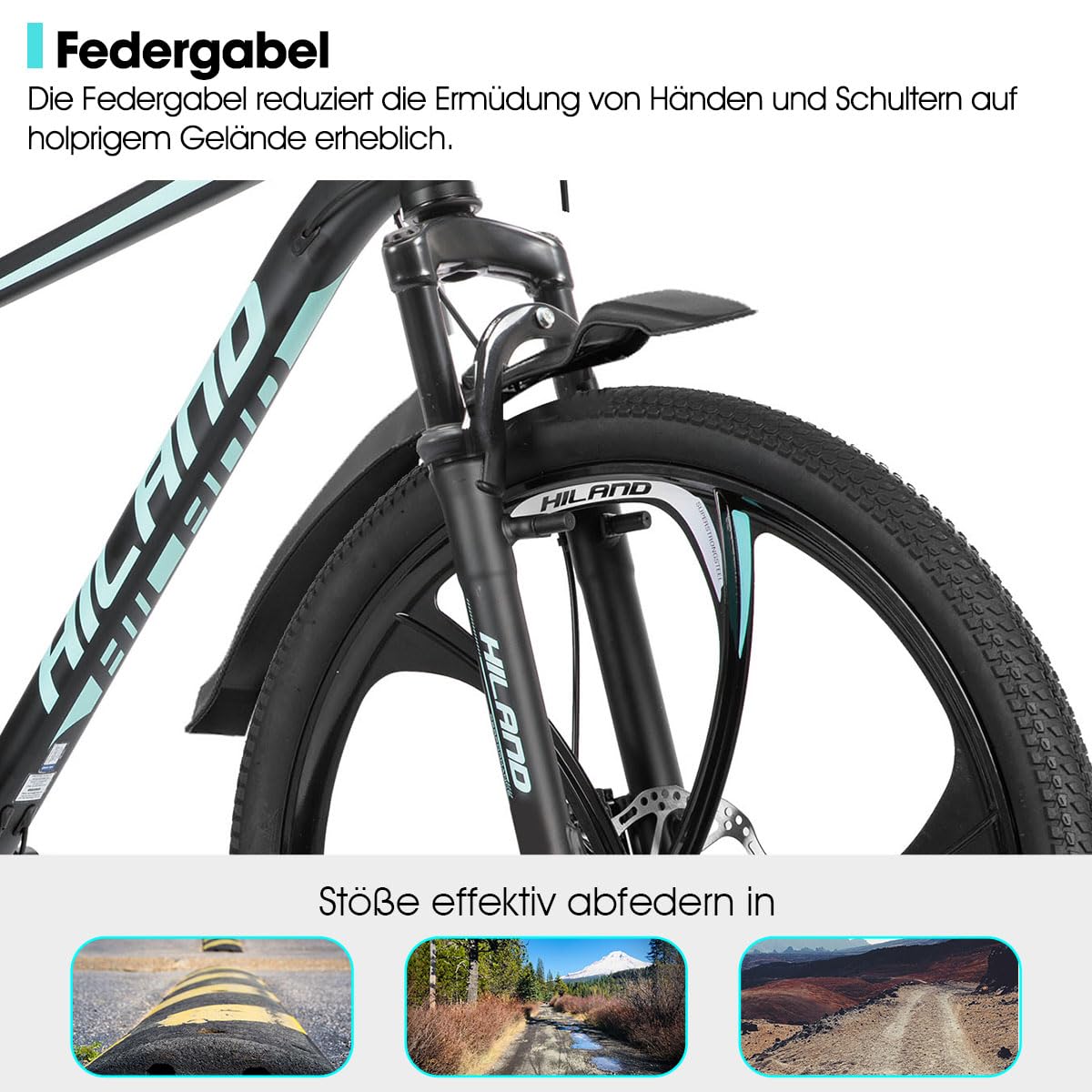 HILAND 26 Zoll Mountainbike für Erwachsene, 18-Gang MTB Fahrrad für Herren und Damen, Aluminiumrahmen, Federgabel, mechanische Doppelscheibenbremsen, 6-Speichen-Laufrad
