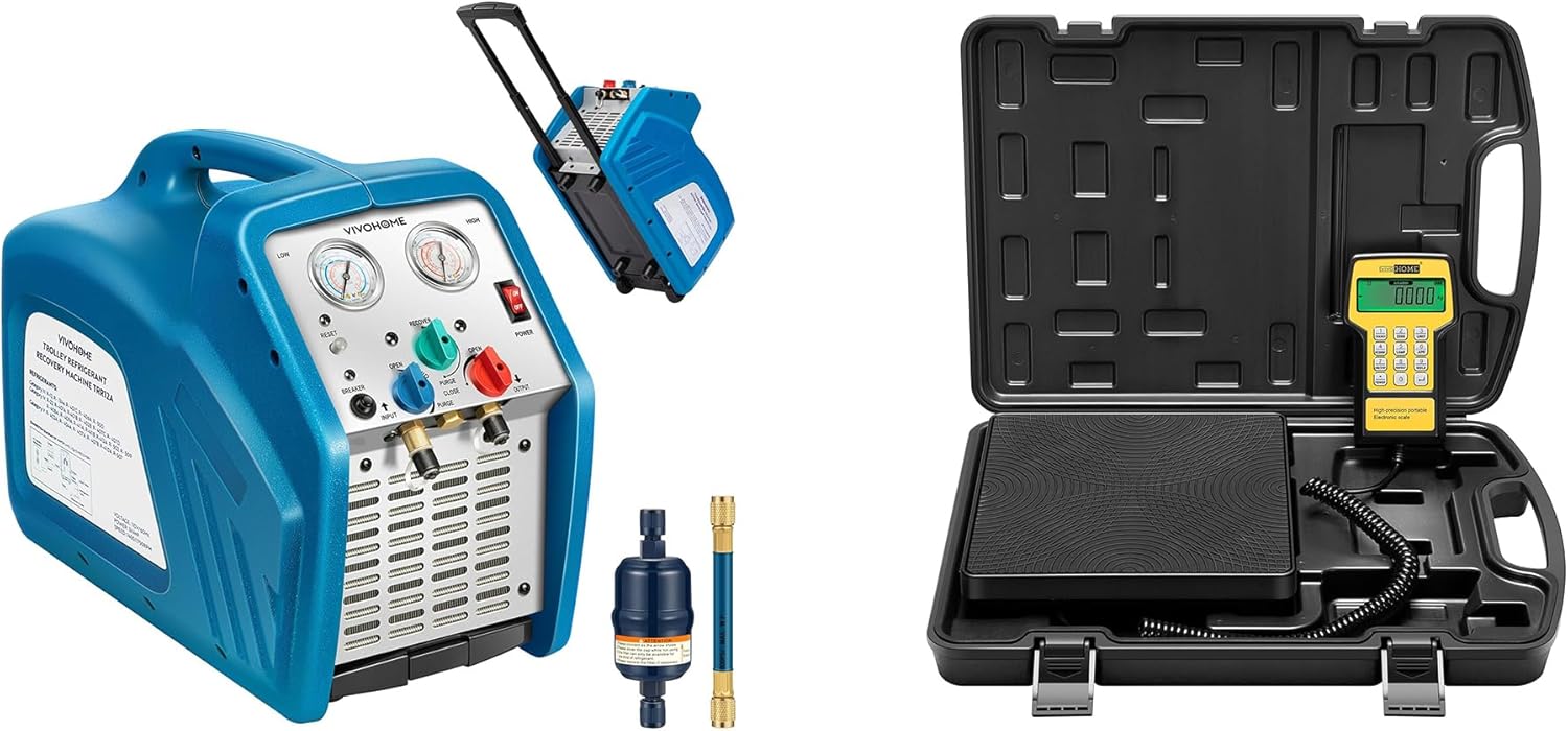 VIVOHOME 3/4HP Single Cylinder HVAC Refrigerant Recovery Machine Trolley Design with Wheels, and 220LB High Precision Electronic Digital Refrigerant Charging Weight Freon Scale