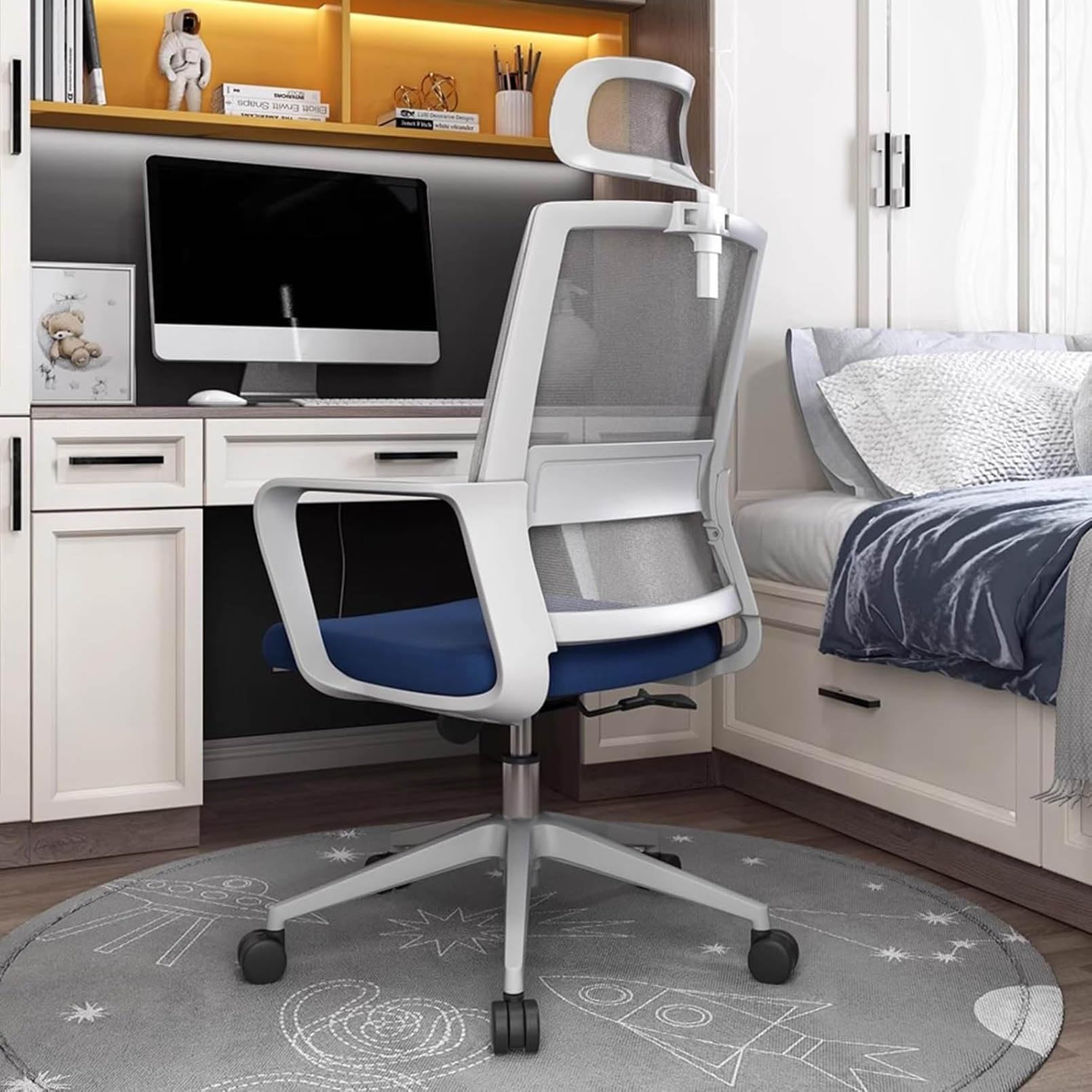 Ergonomiczne krzesło biurkowe z regulowanym zagłówkiem, podparciem lędźwiowym i oddychającą siatką, wygodne obrotowe krzesło do zadań biurowych i domowych