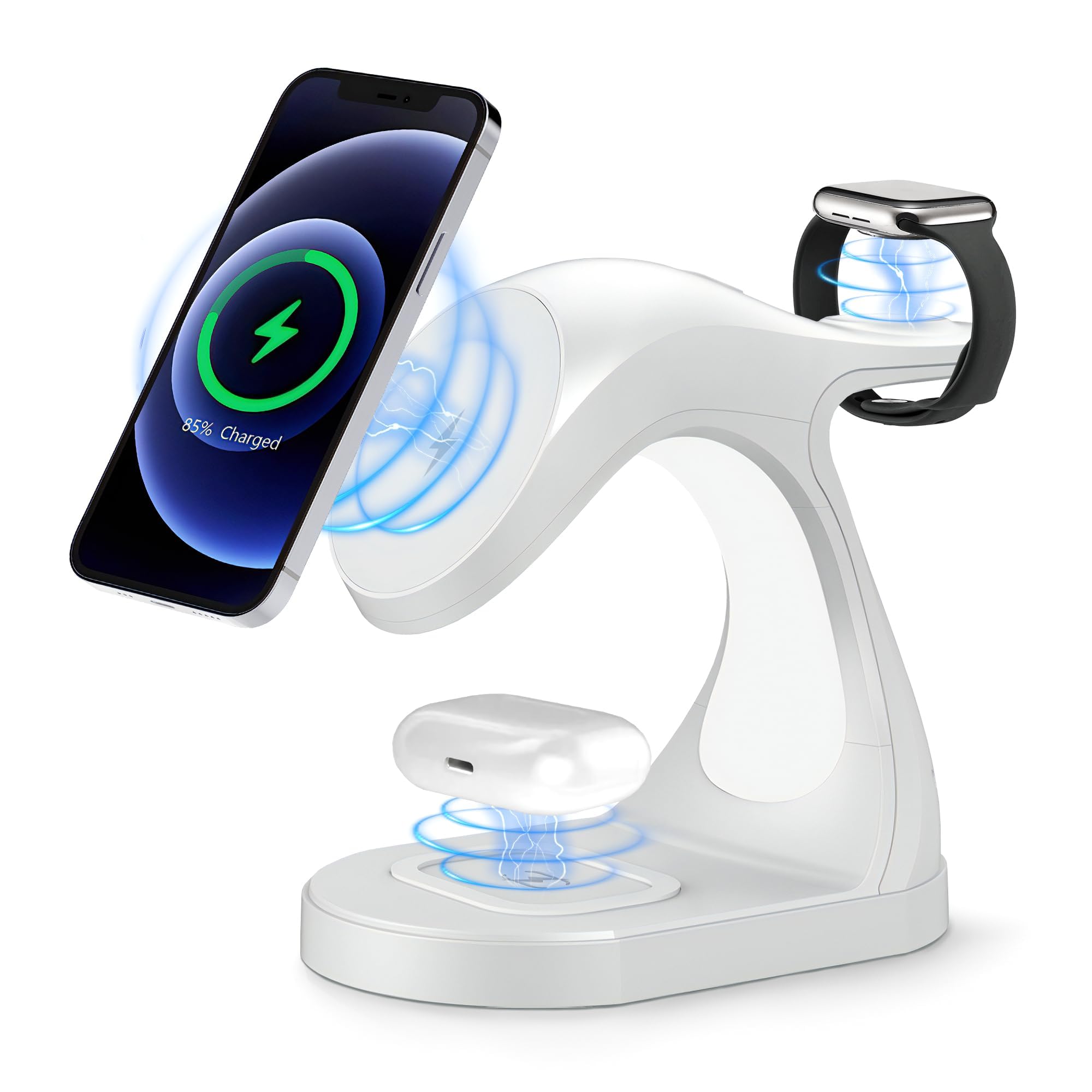 Azonee Magnetic Charging Station, 3 in 1 Wireless Travel Charging Station with Light, Mag-Safe Charger Portable Stand, for Multiple Devices Apple, for iPhone 15 14 13 12 Pro Max/Plus/Pro