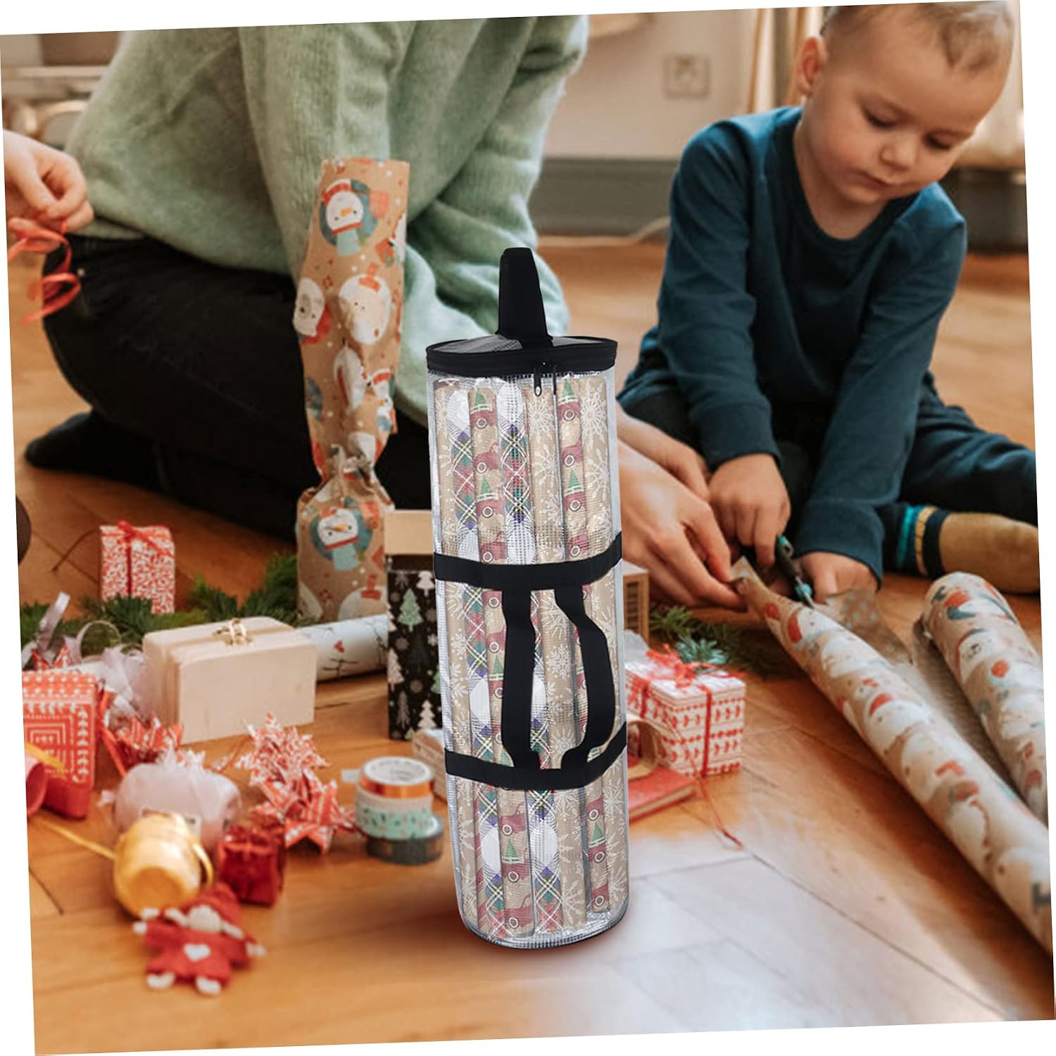 KOMBIUDA Christmas Wrap Organizer Xmas PVC Cylinder Gift Wrap Storage Bag
