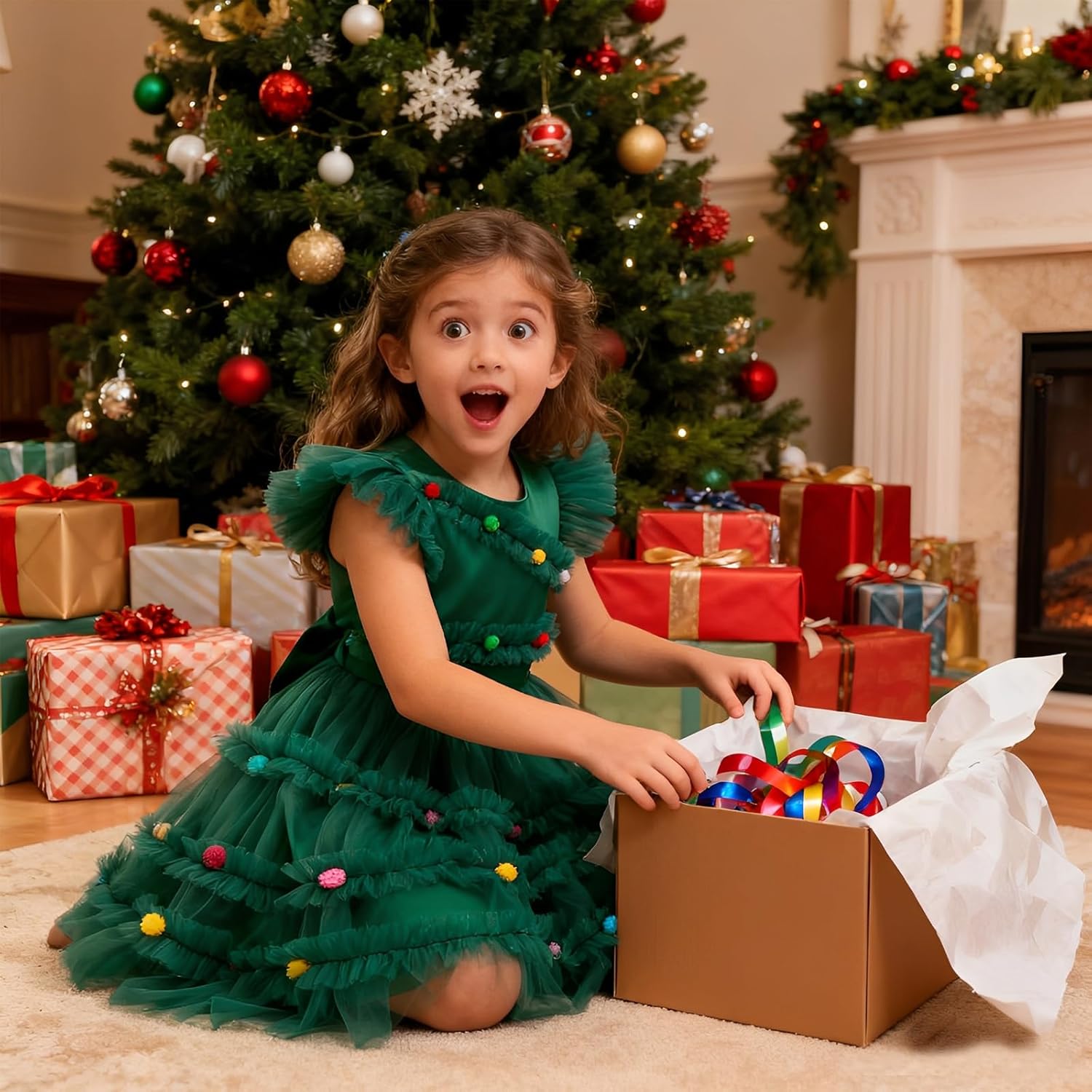 GRAJTCIN Girls Christmas Tree Dress Elf Christmas Costume with Glasses Kids Xmas Birthday Holiday Party Outfit - Image 6