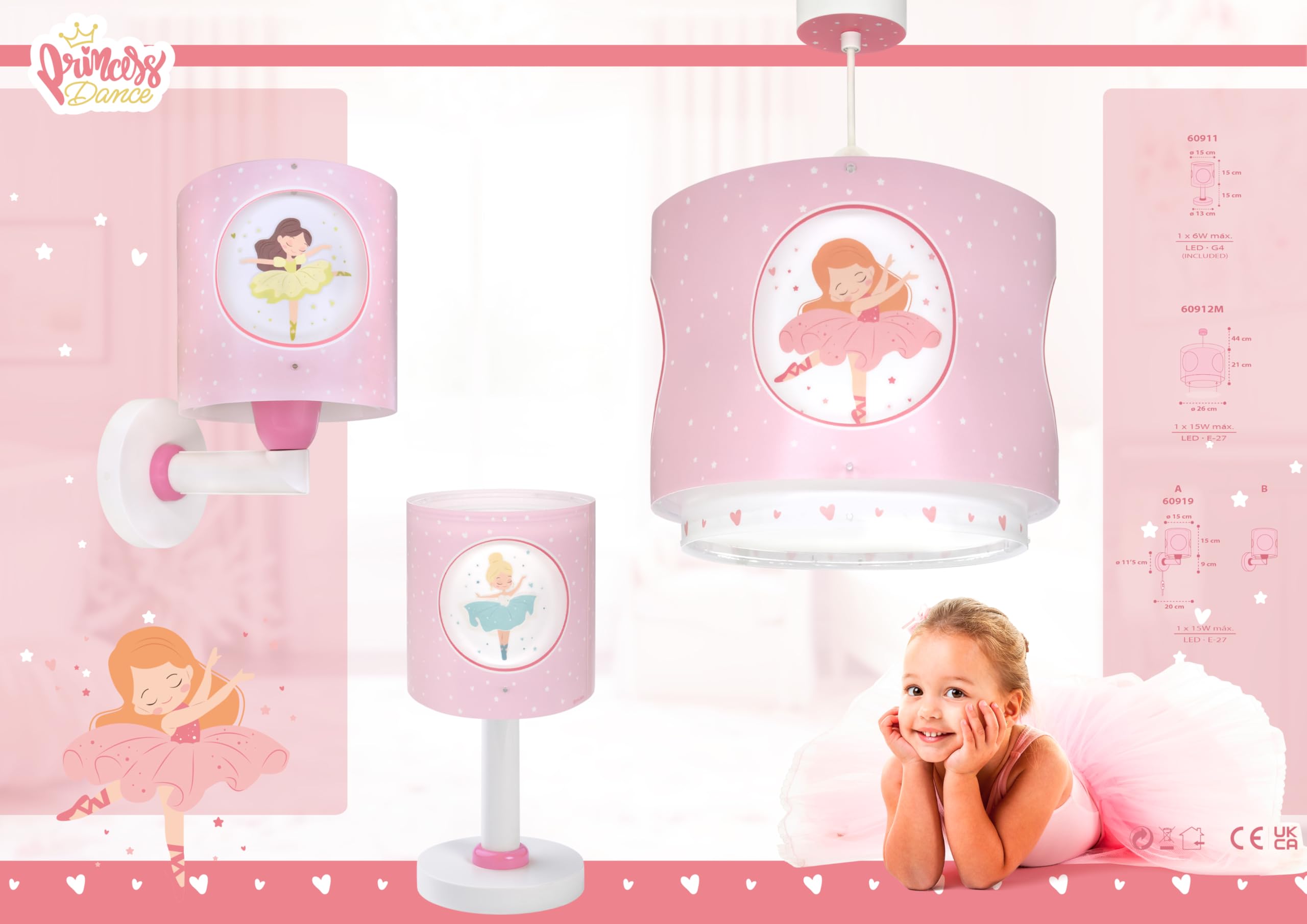 Dalber Luz Quitamiedos Infantil Bailarinas Rosa 60911 G4 | Lámpara infantil de mesa o mesita; Princess Dance; G4 4W LED - Bombilla incluida; Luz Quitamiedos