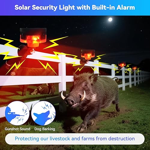 Miniatura 2 de Alarma solar con sensor de movimiento para exteriores, sonido de disparo de ladrido de perro, luz de alarma de generador de ruido de 130 db,